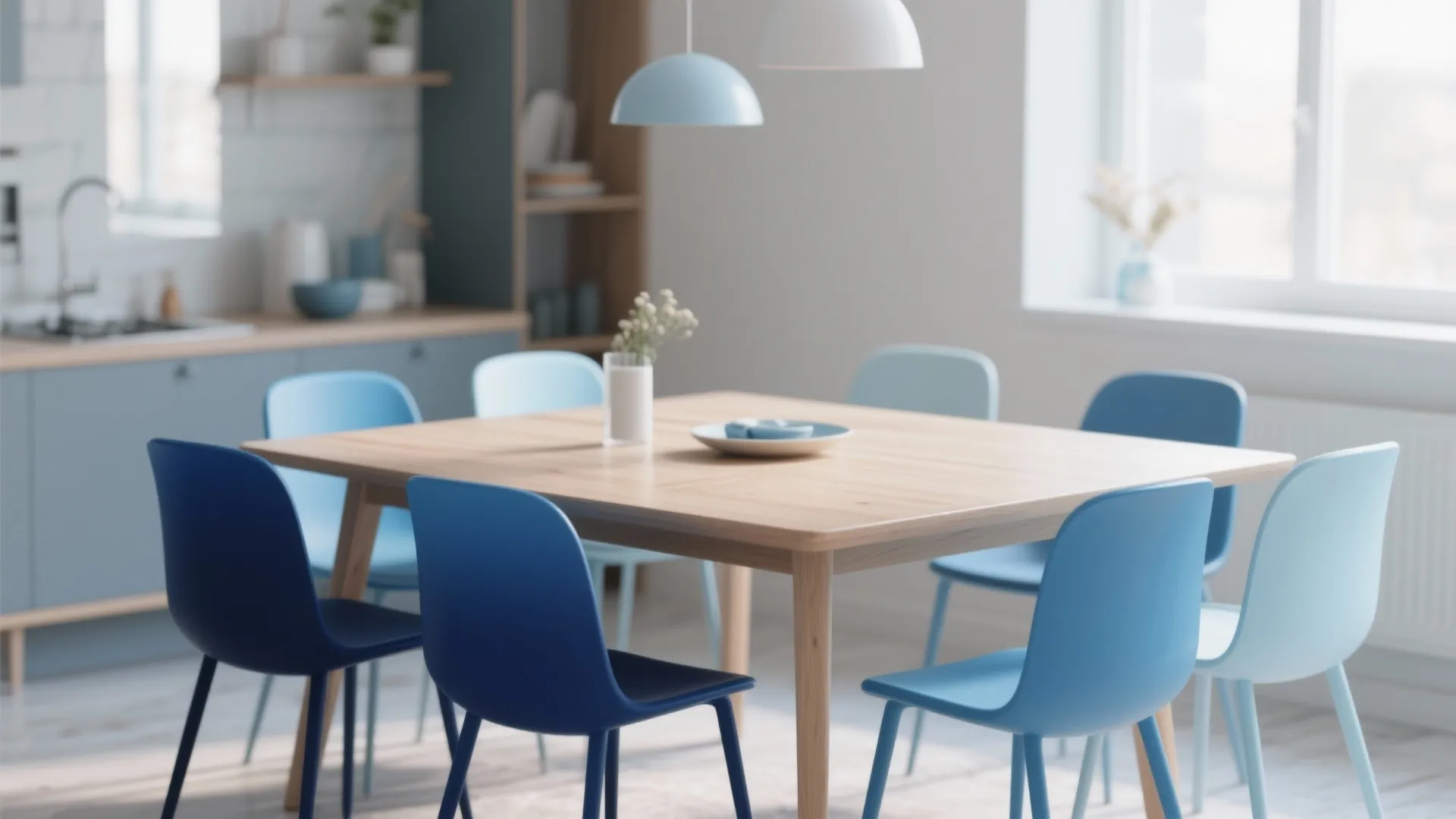 Ombre painted dining chairs in shades of blue around neutral table