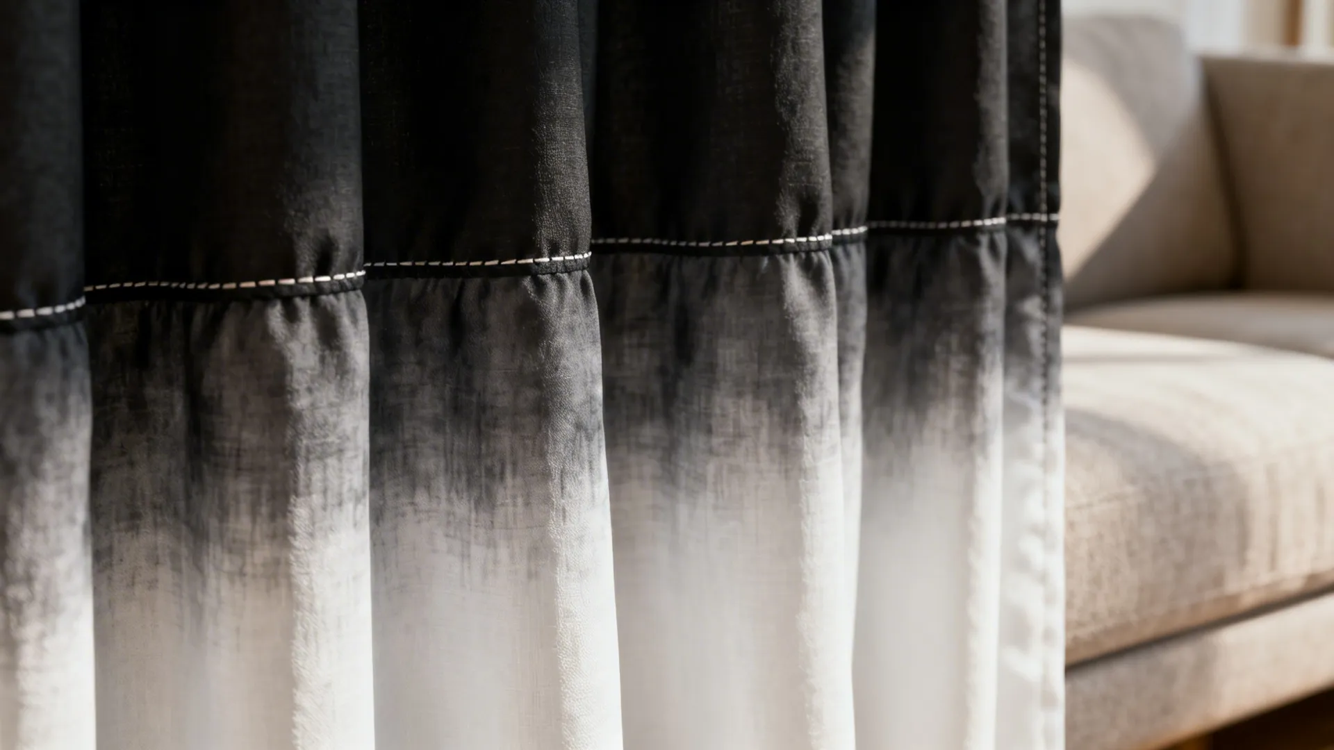 Close-up of black-to-white ombré curtain fabric showing texture and gradient