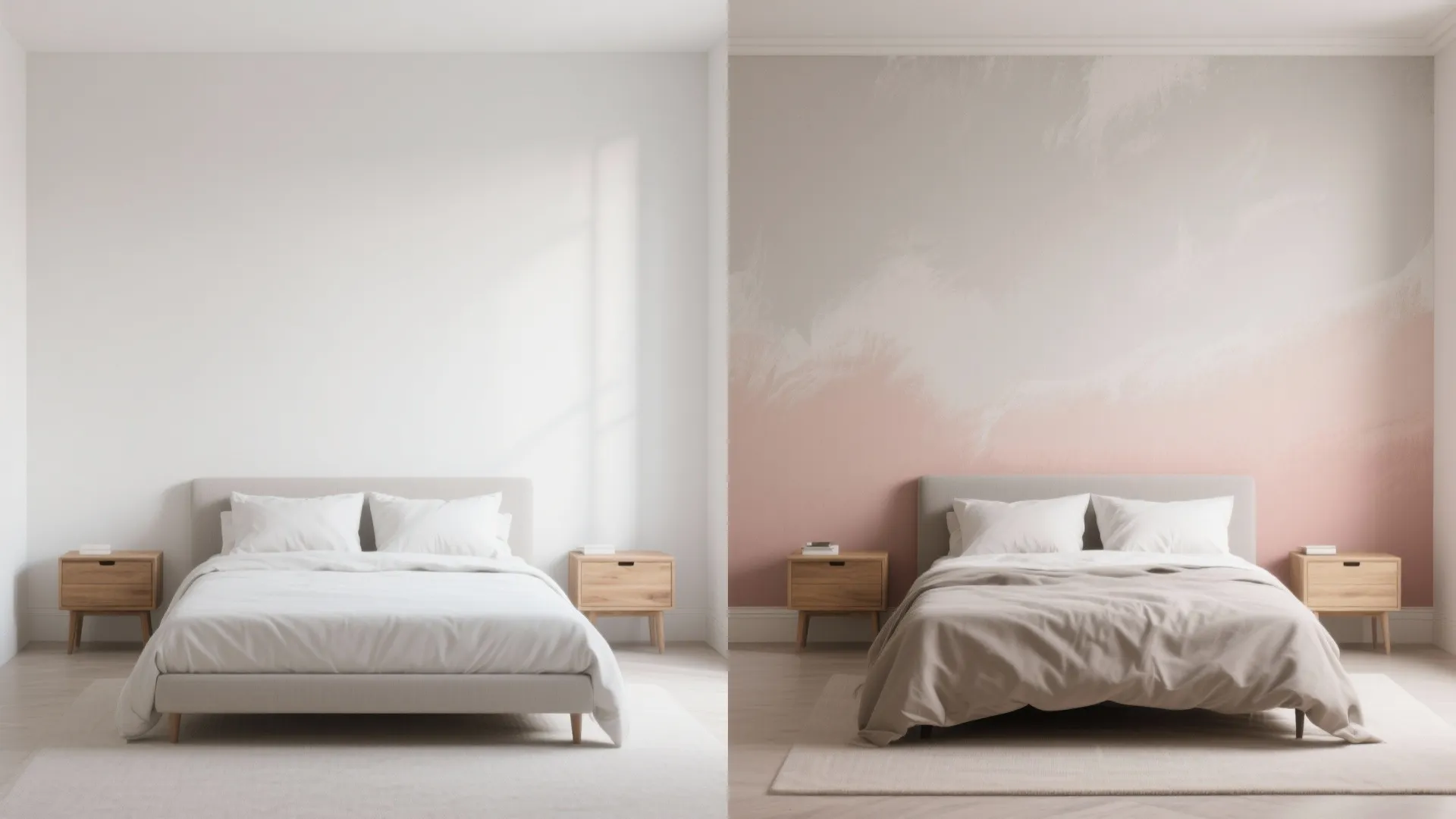 Before and after comparison of plain white wall versus pink and grey painted bedroom wall