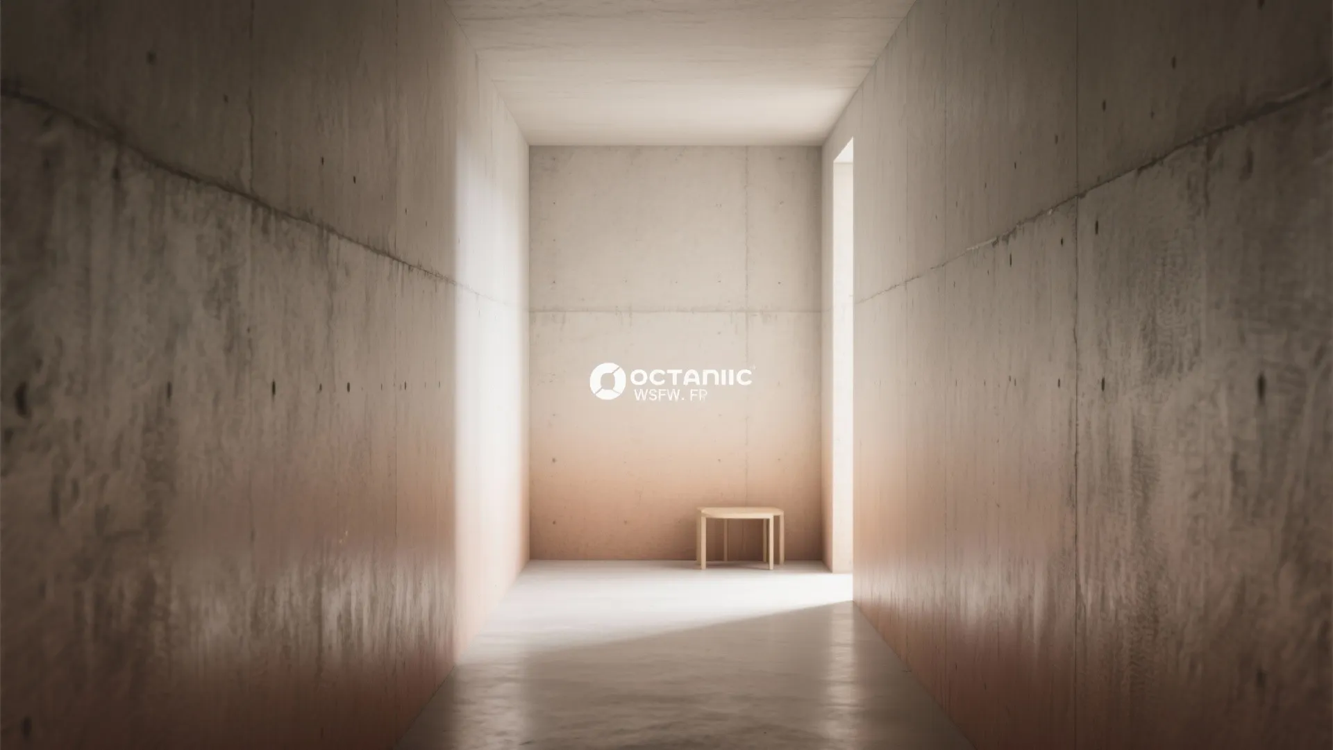 Narrow room with a soft ombre glaze on a concrete wall, creating visual depth and a receding effect.