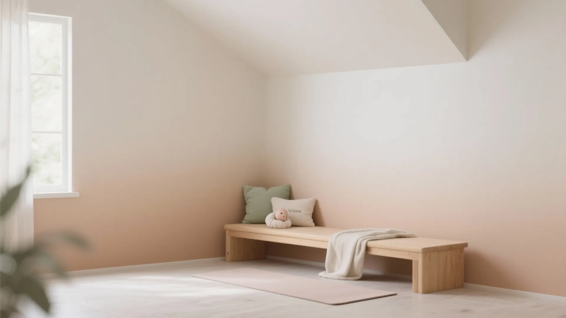 Minimalist room corner featuring a wooden bench with cushions against a soft orange gradient wall