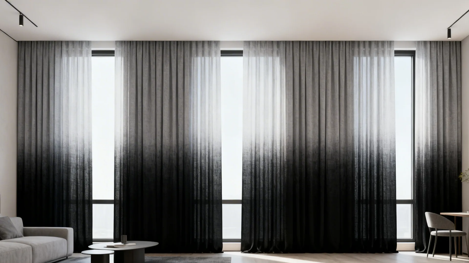 Modern living room featuring floor to ceiling grey and black ombre curtains on large windows