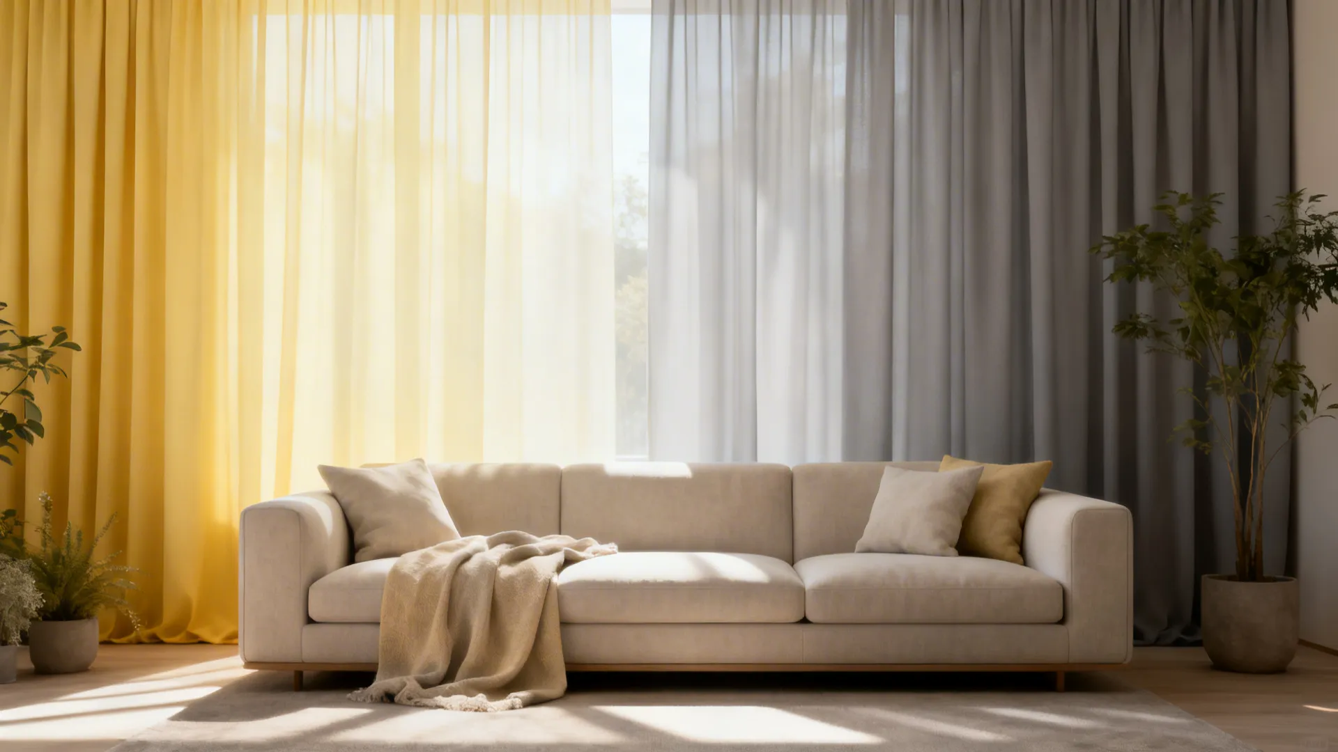 Living room with ombre curtains transitioning from soft yellow to dove grey, creating a sunrise-like glow.