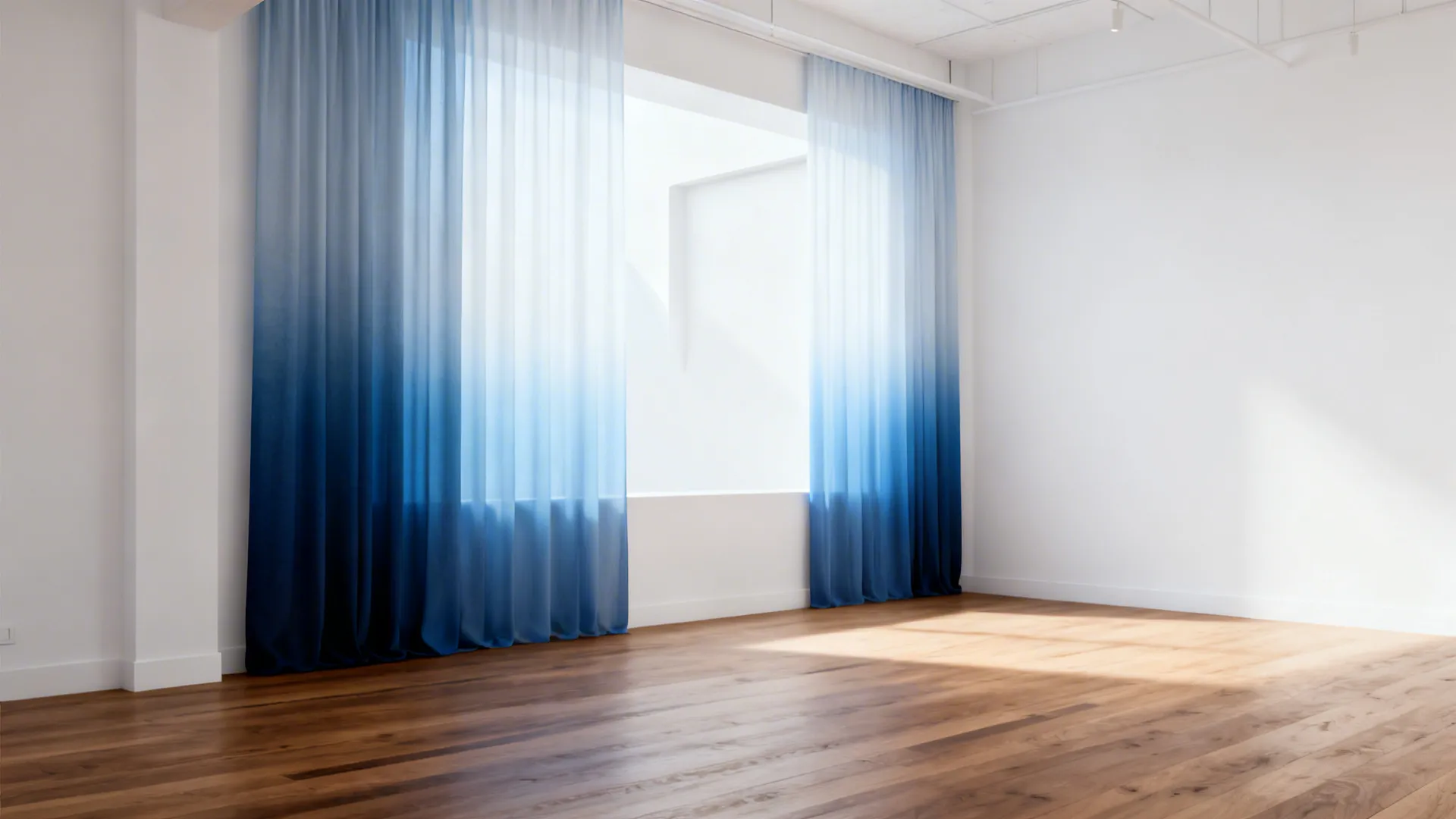 Minimalist loft with ombre blue curtains creating a clean gradient focal point.