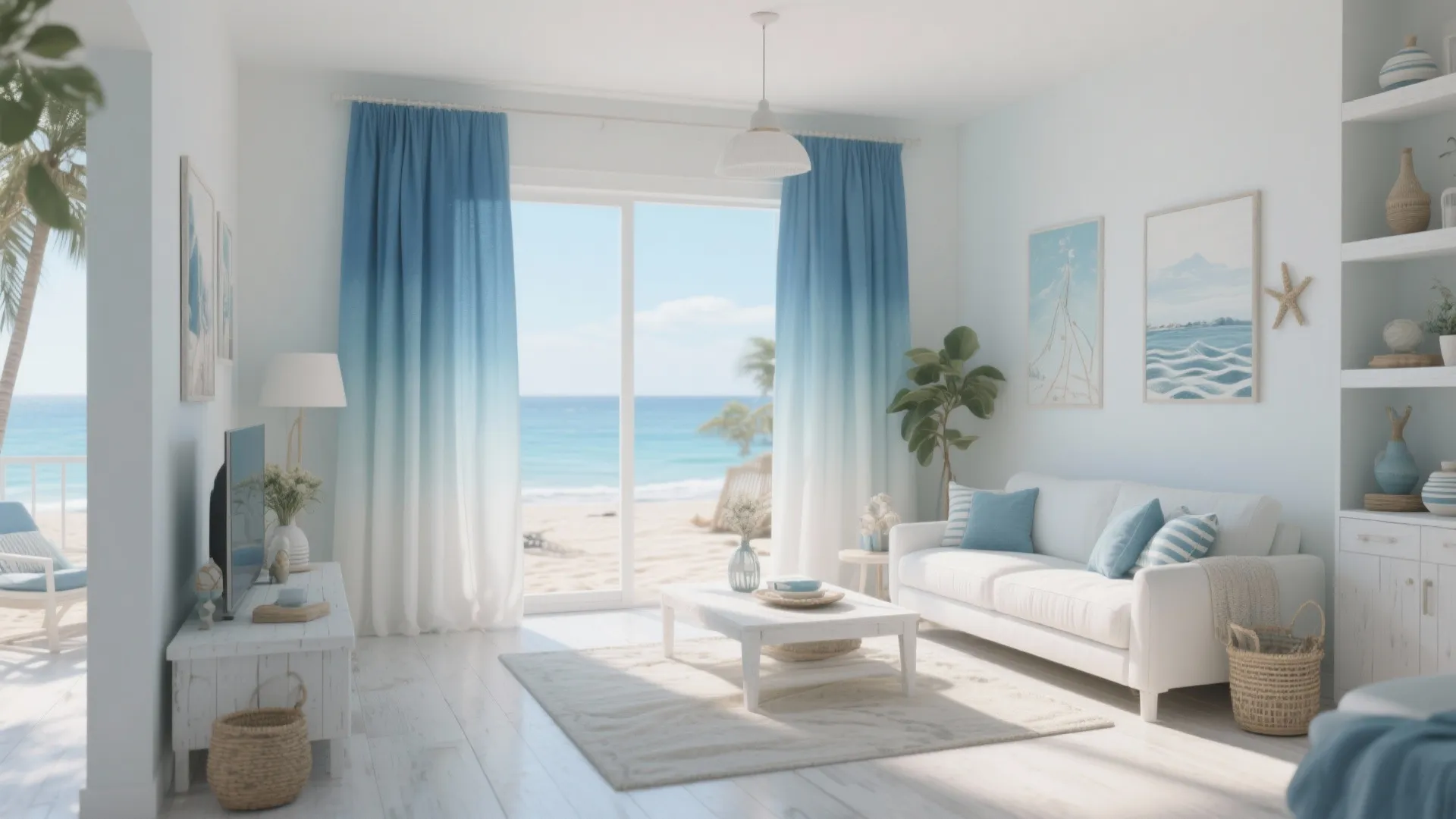 Bright living room with blue and white curtains, white sofa, and beach view through windows