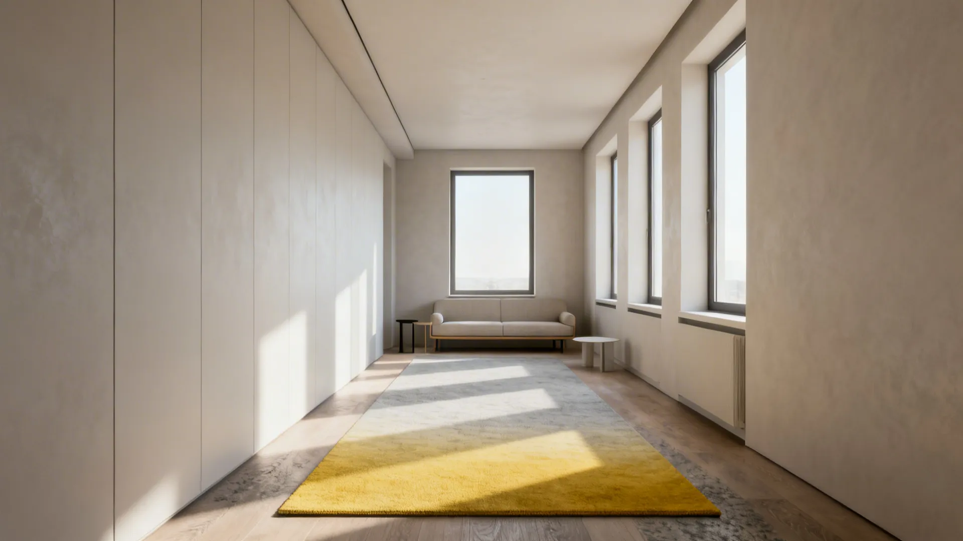 Narrow living room with an ombre rug fading from yellow to pale gray creating depth
