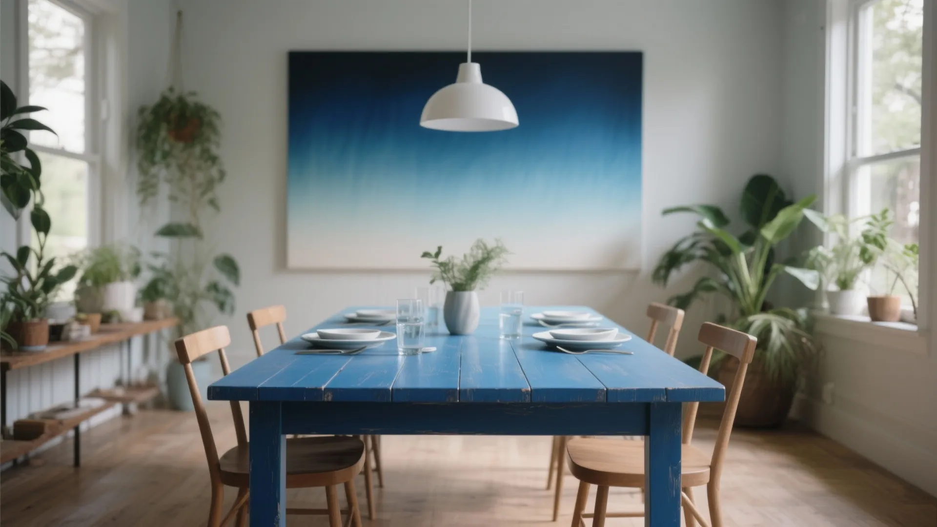 Dining table with a smooth blue ombre fade paint effect