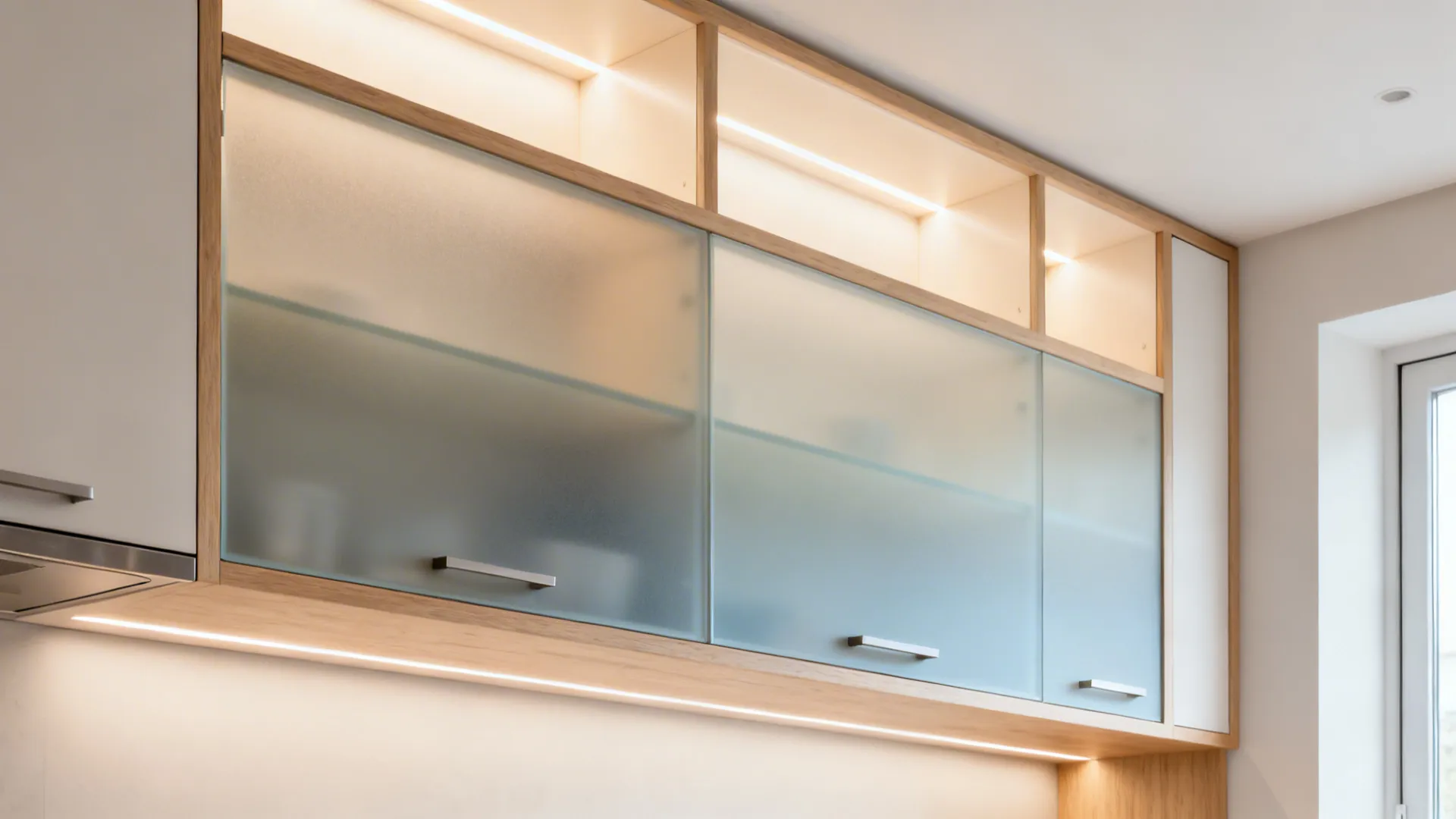 Kitchen cabinets with ombre etched glass fading from opaque at eye level to clearer toward the top for balanced privacy.