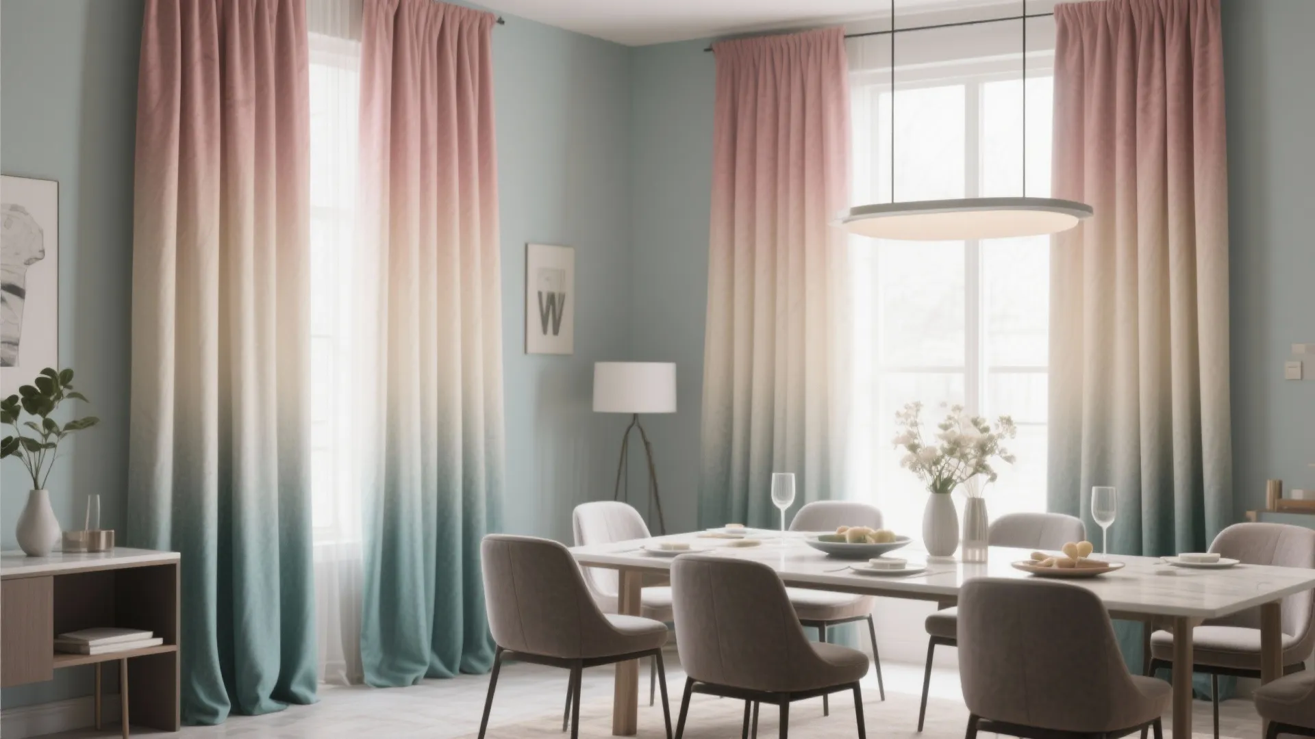 Contemporary dining room with wooden table grey chairs and pink to blue ombre color curtains