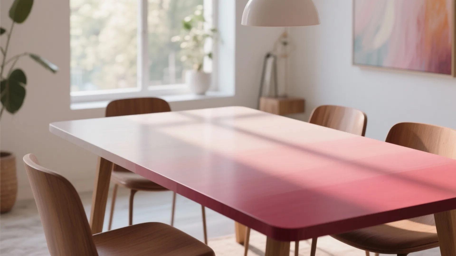 Dining table with soft pink ombre fading into deep rose
