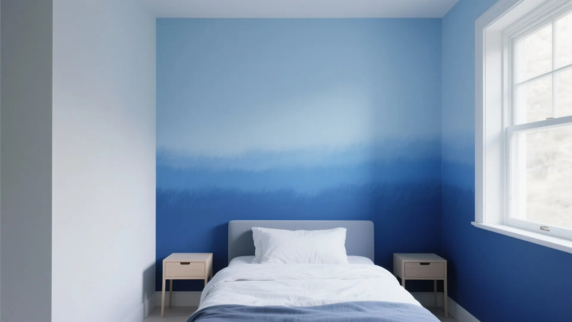 Minimalist bedroom with white bed and wooden side tables against blue ombre wall with window