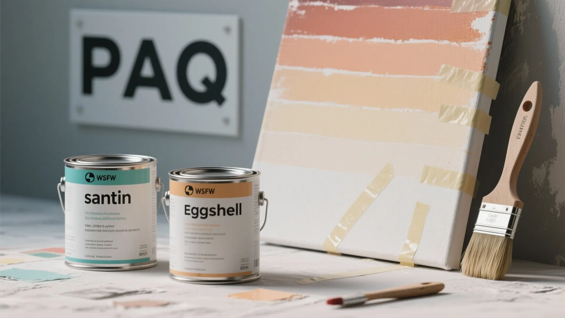 Paint cans, brushes, and blended gradient samples illustrating recommended finishes and techniques for ombre walls.