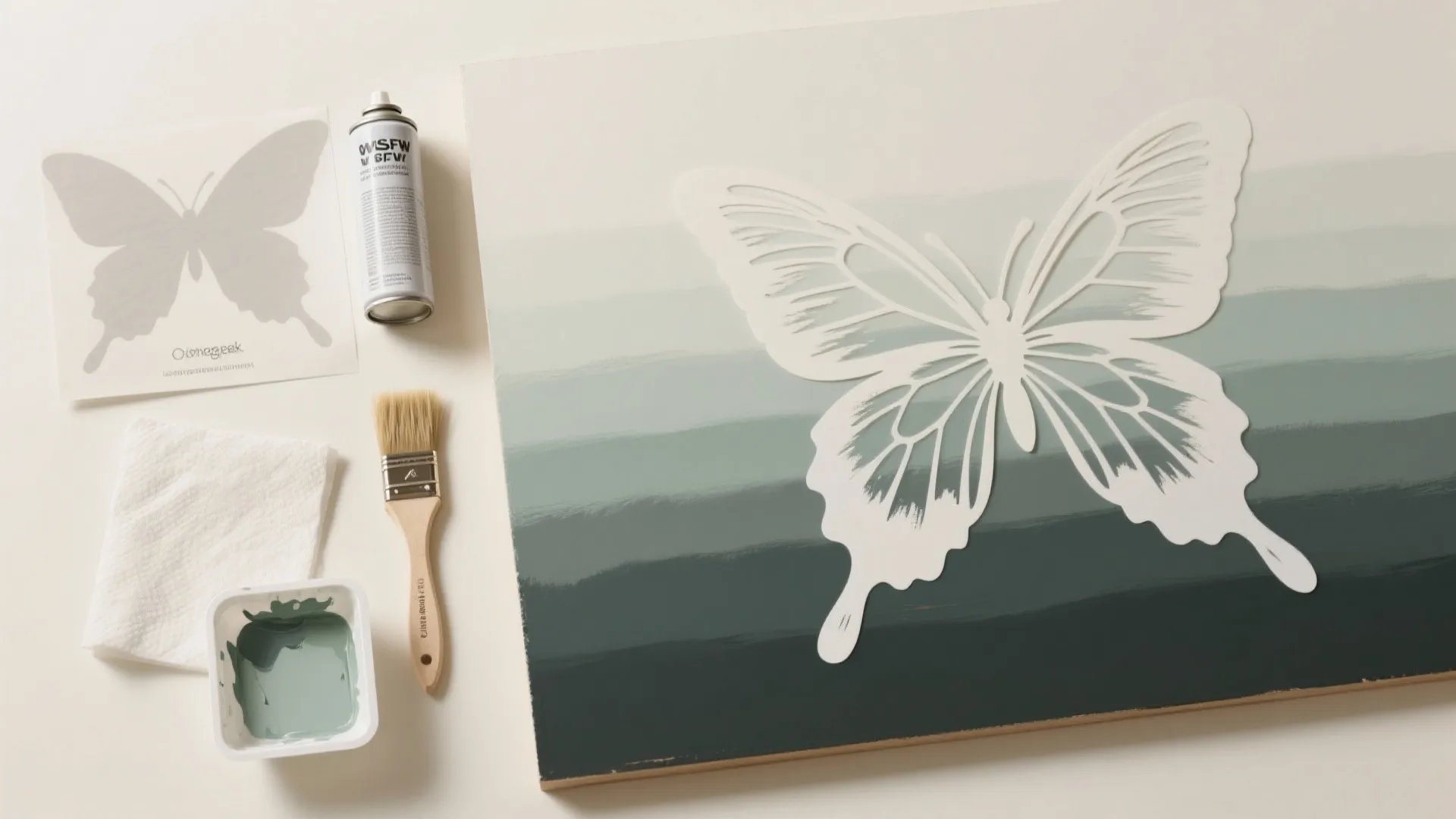 Top-down flat lay showing an ombré butterfly stencil sample board with tools arranged light to dark