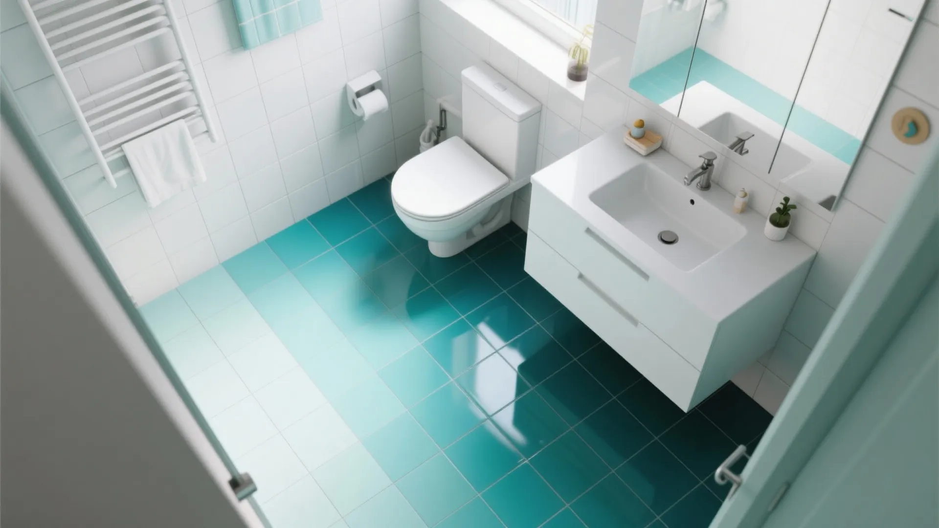 High angle bathroom view with ombre blue floor tiles white cabinet toilet and towel rack