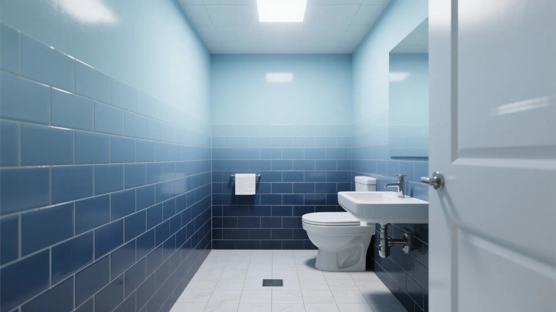 Small bathroom with ombre blue subway tiles from dark floor to pale ceiling creating height