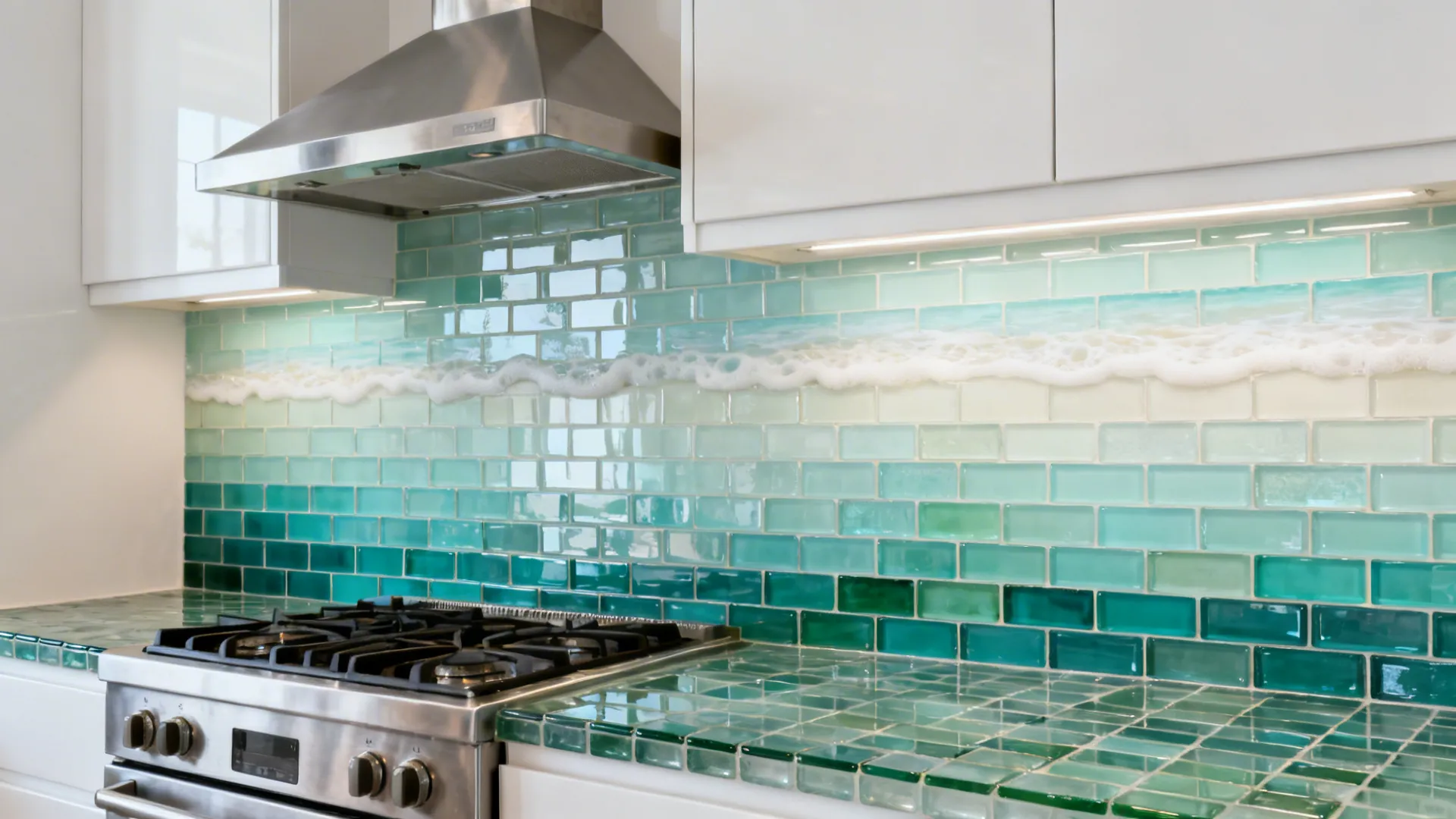 Ombre glass mosaic backsplash fading from teal at the counter to pale aqua near uppers.