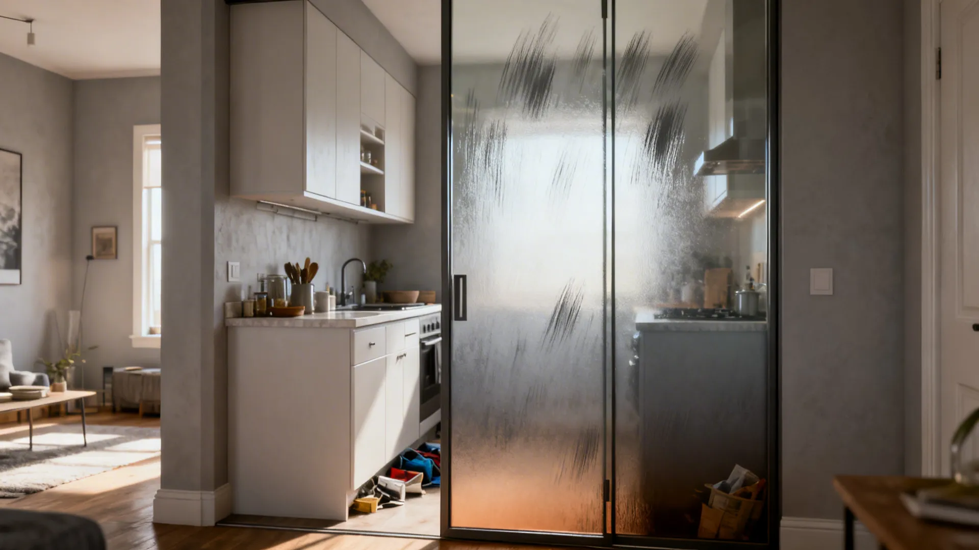 Kitchen glass door with hand-brushed ombre from clear top to semi-opaque warm gray bottom under soft daylight.