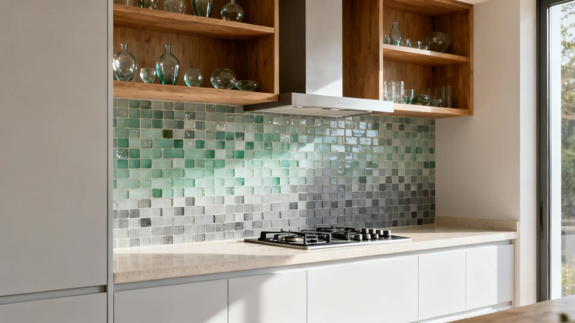 Soft ombre glass mosaic backsplash fading from sea-glass green to gray under open shelves.