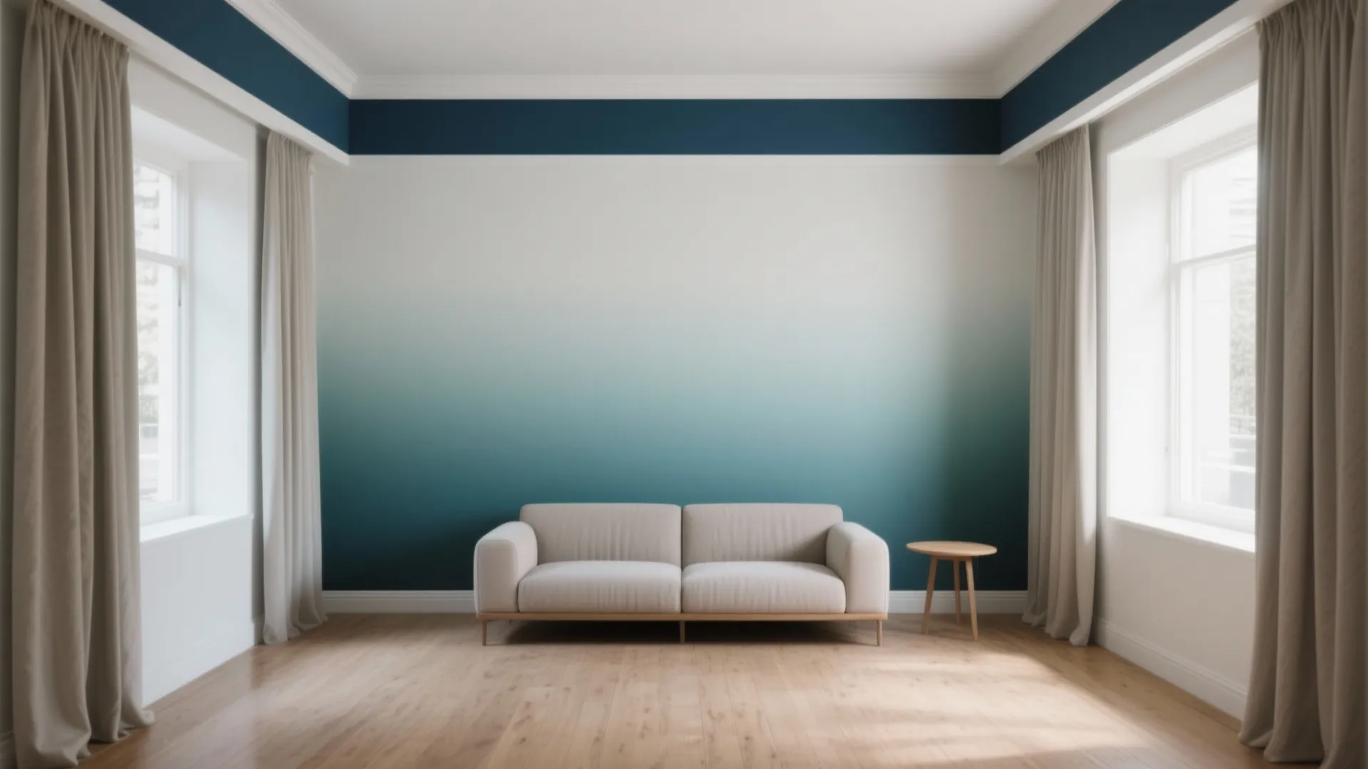 Minimalist living room with teal gradient wall and a white sofa on light wooden floor
