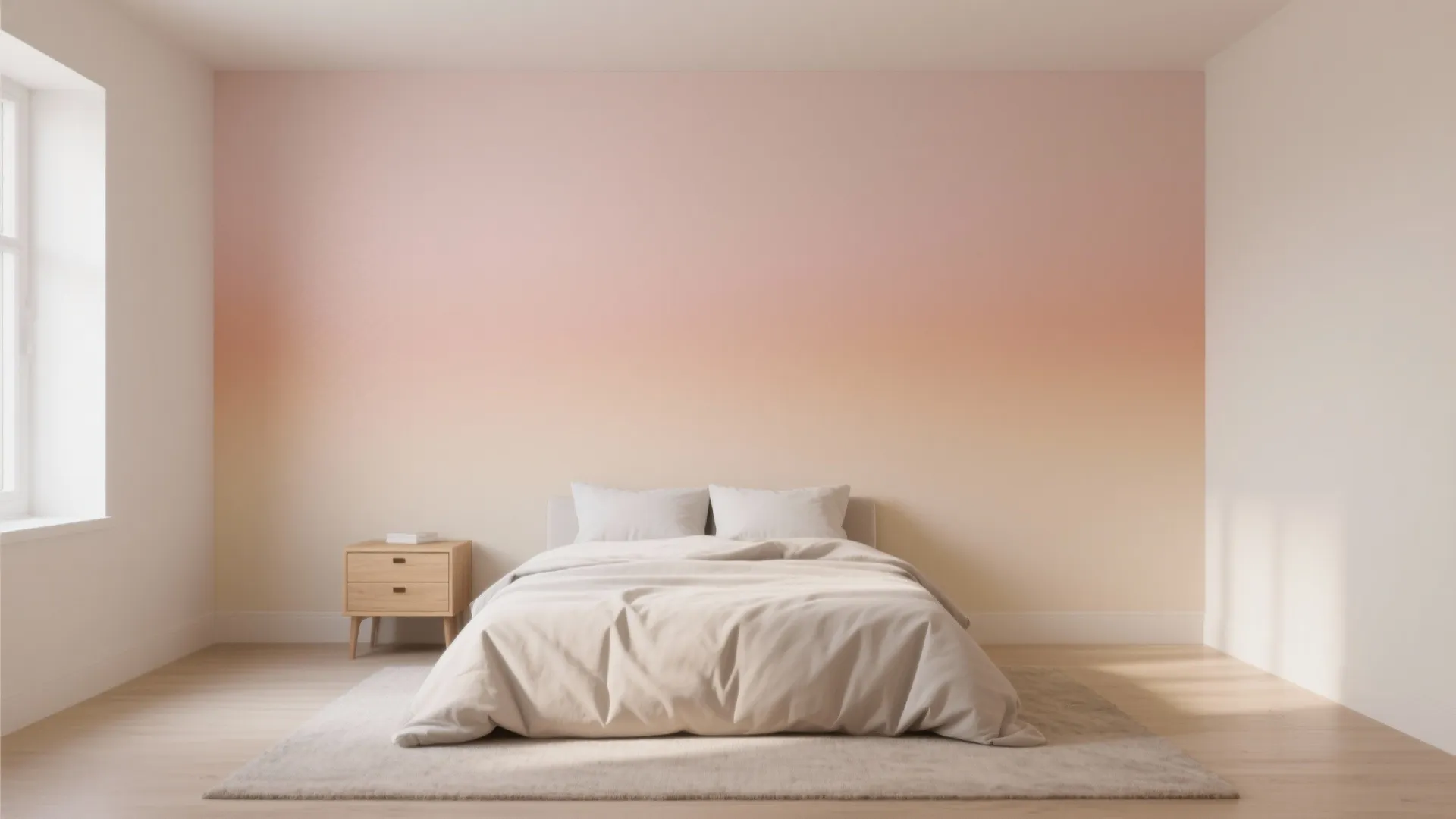 Minimalist bedroom featuring a bed with white bedding against a pink and orange gradient wall