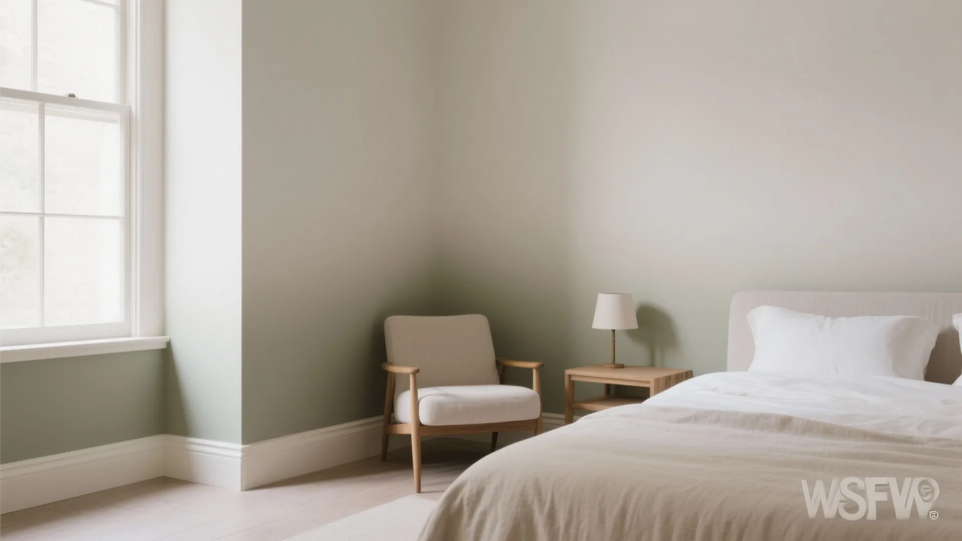 Minimalist bedroom featuring green ombre walls with a simple white bed chair and wooden nightstand