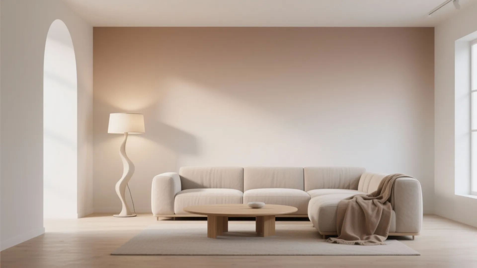 Modern living room with beige sofa wood coffee table floor lamp and gradient brown wall design