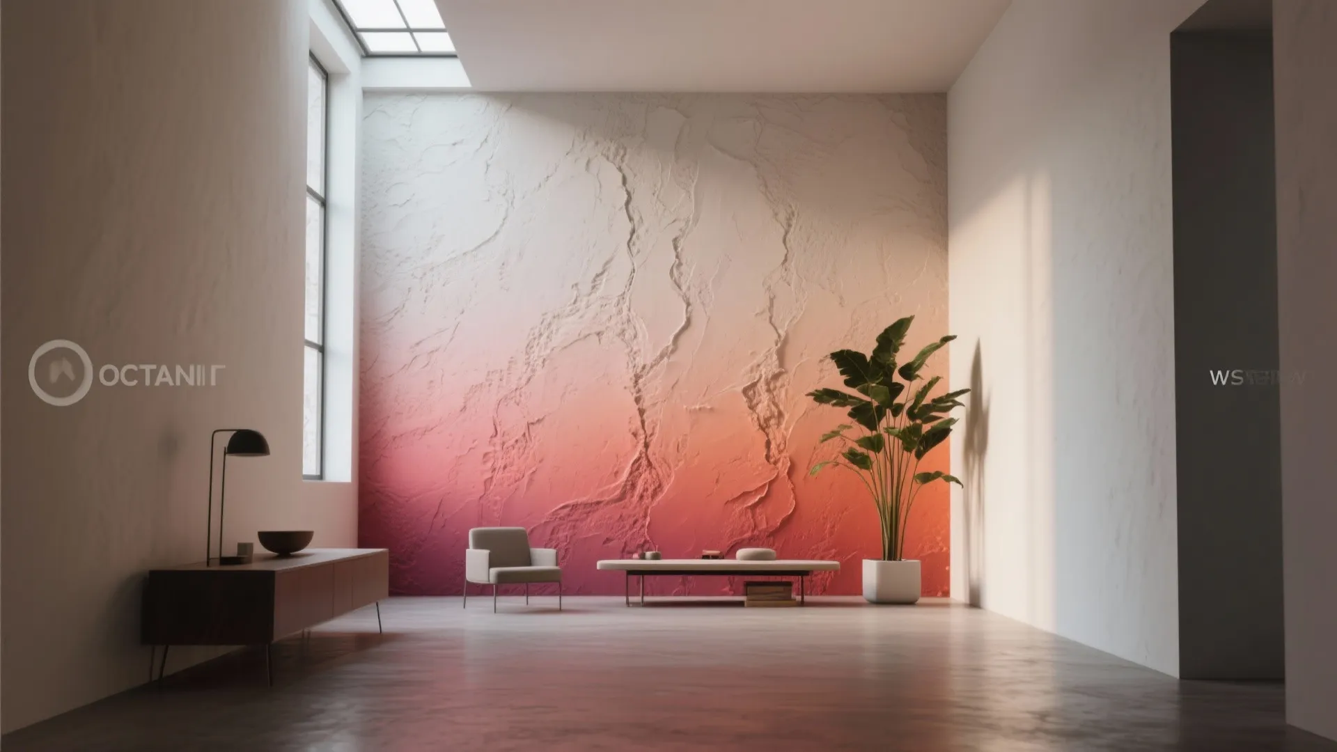 Modern living room with textured orange pink ombre wall featuring chair green plant and table