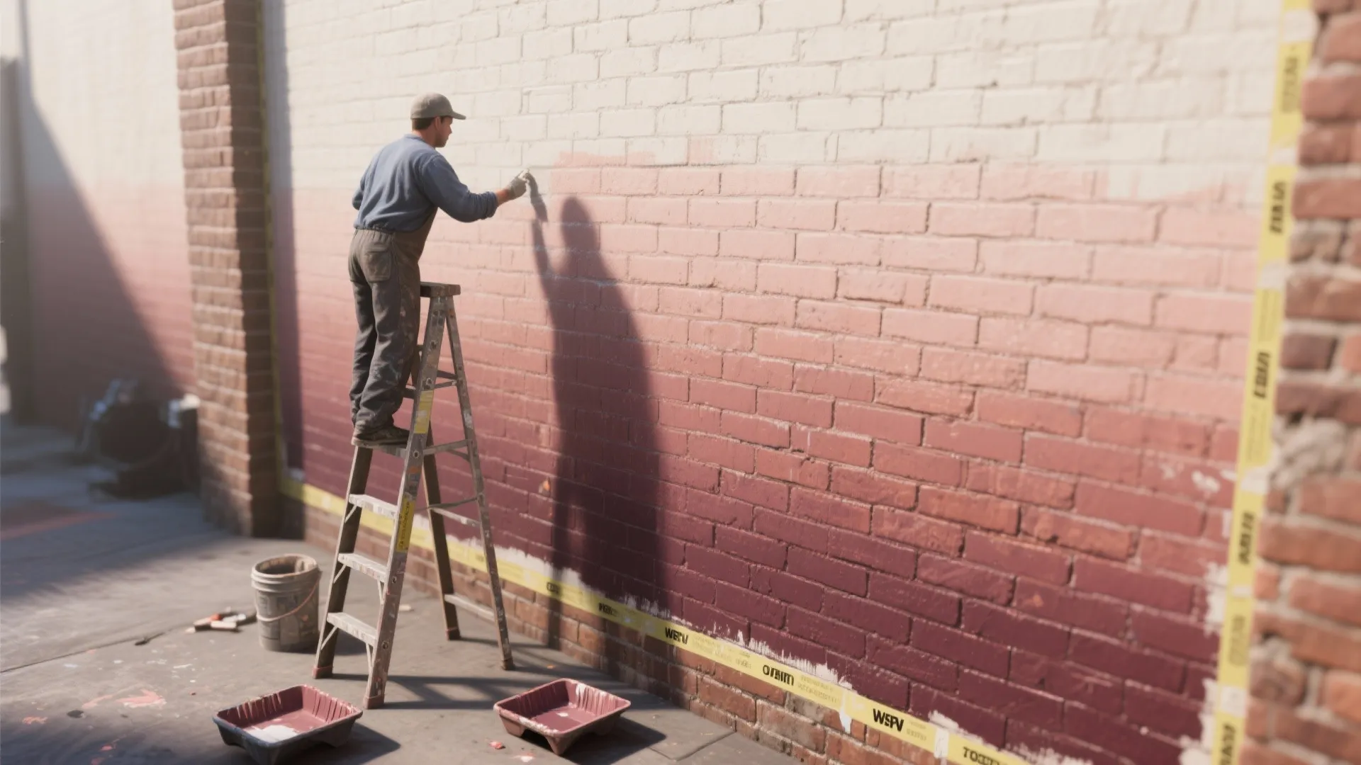Top-down view of an artist painting an ombre gradient on interior brick with taped edges and ladder.