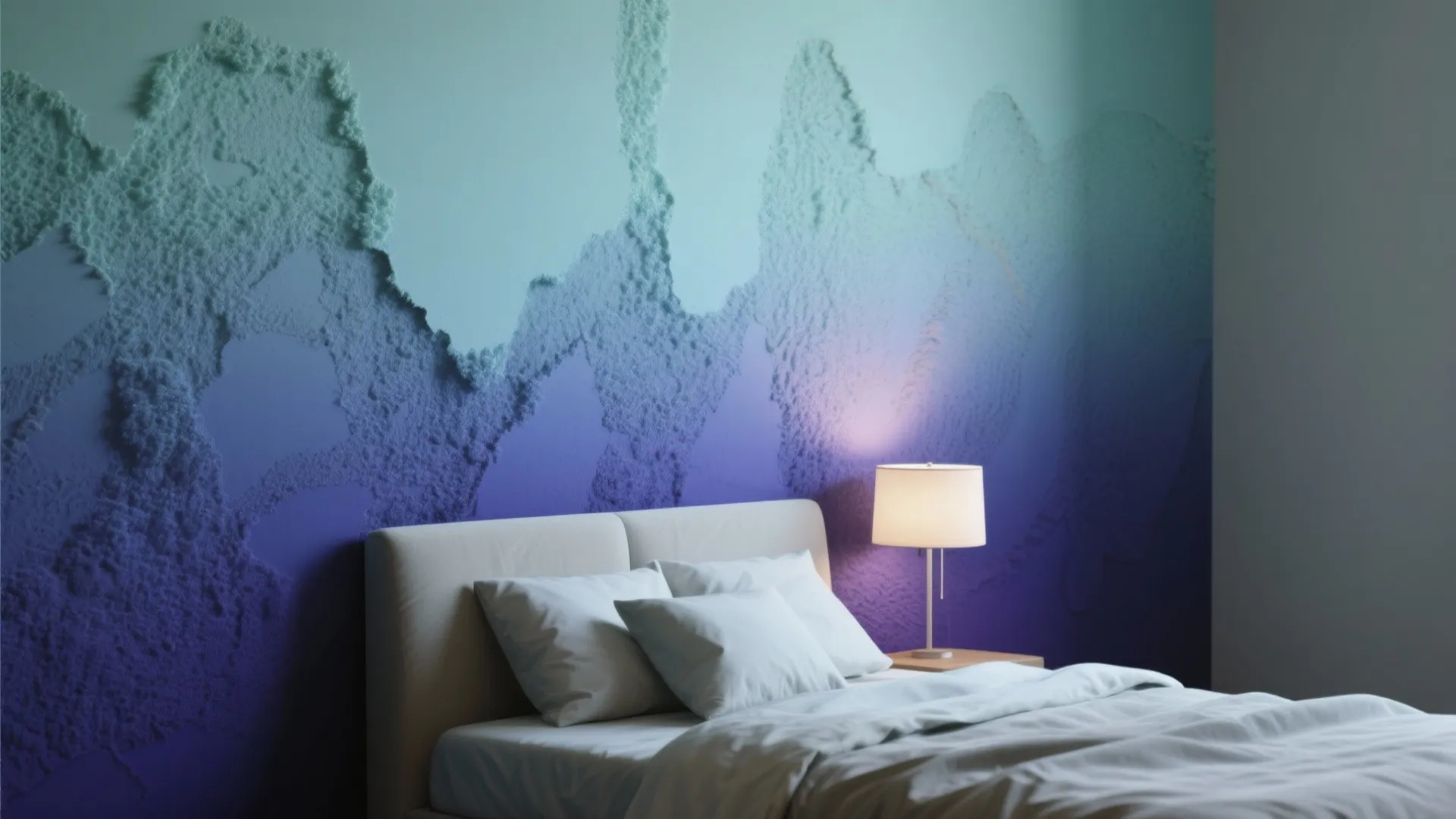 Modern bedroom featuring a purple and blue gradient textured wall with a bed and table lamp