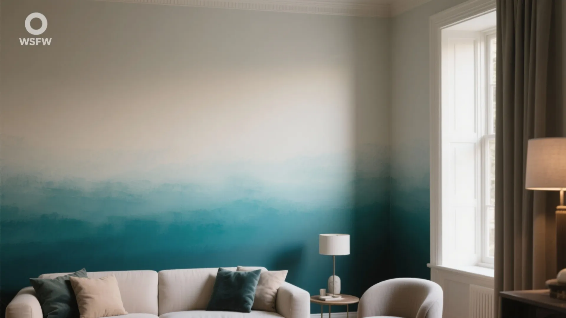 Living room half wall with a smooth teal-to-pale ombre creating subtle high-end drama