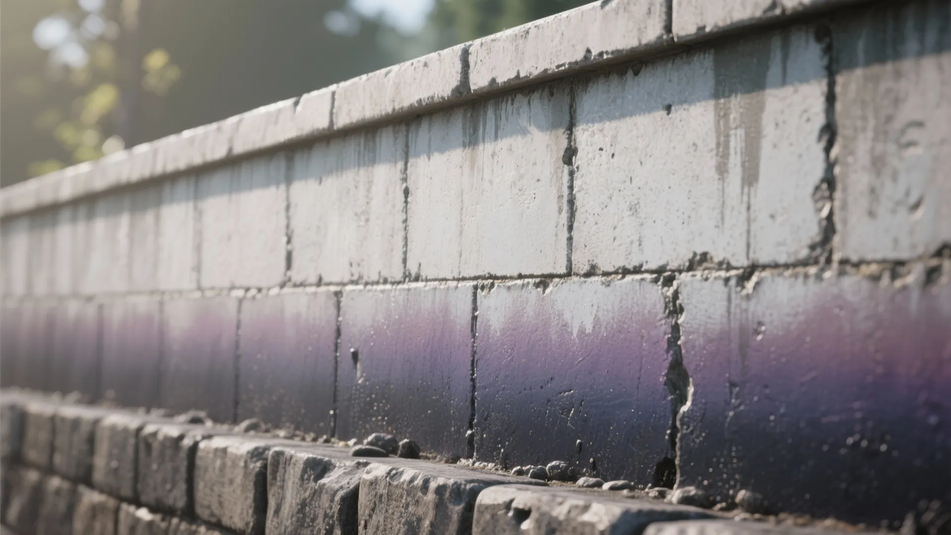Outdoor stone wall with purple paint gradient detail under bright sunlight in a backyard setting