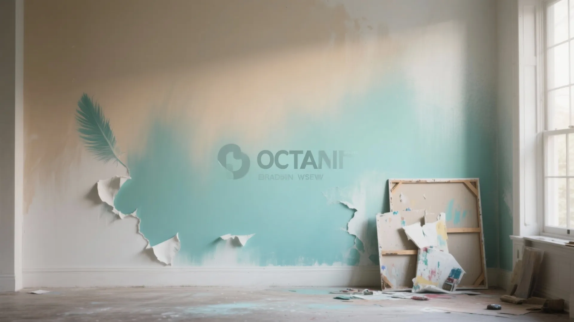 Room wall with teal gradient paint and feather art next to window with natural light