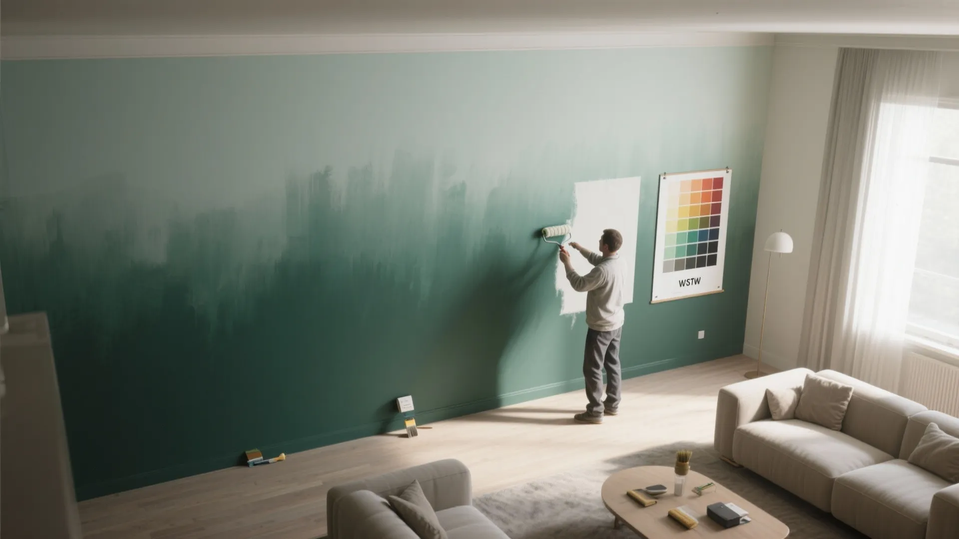 Room showing a painted ombre wall from deep green at the bottom to pale near the ceiling, with a painter blending colors.