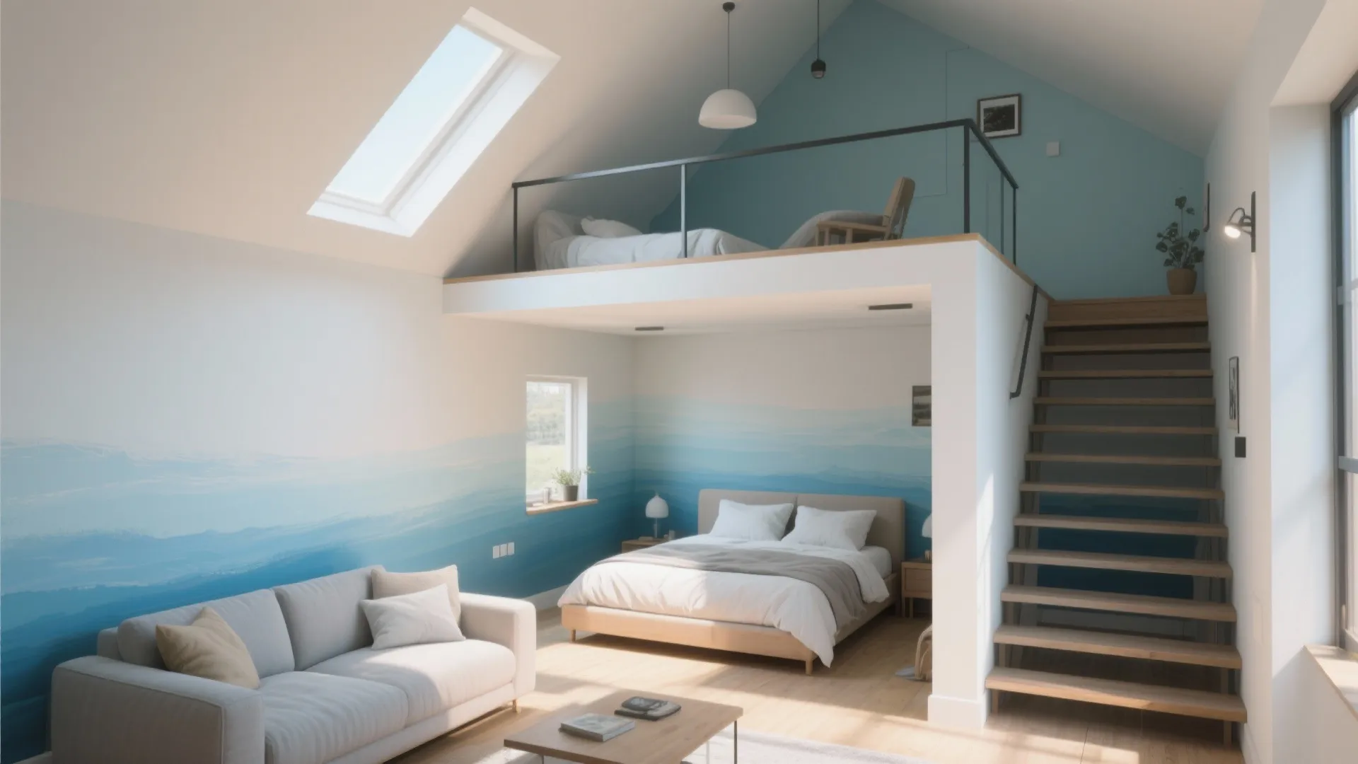 Modern loft bedroom with blue gradient wall including a grey sofa wooden stairs and skylight