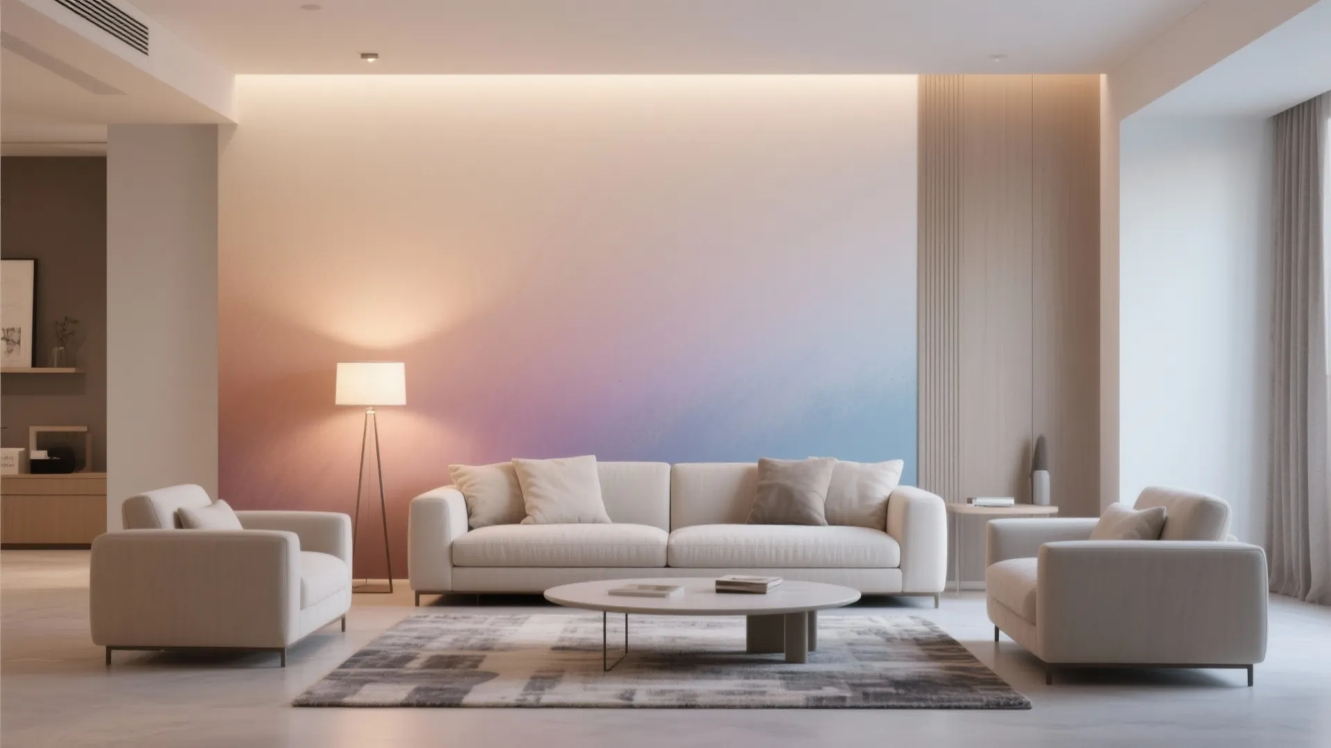 Living room with a soft ombre gradient wall graduating from light to richer tones and complementary furnishings.