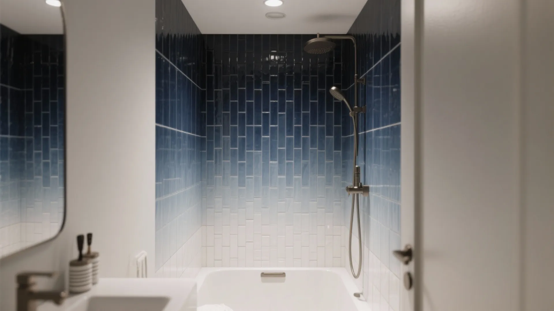 Eye-level view of a shower wall with a vertical ombre mosaic gradient from deep tones to airy light.