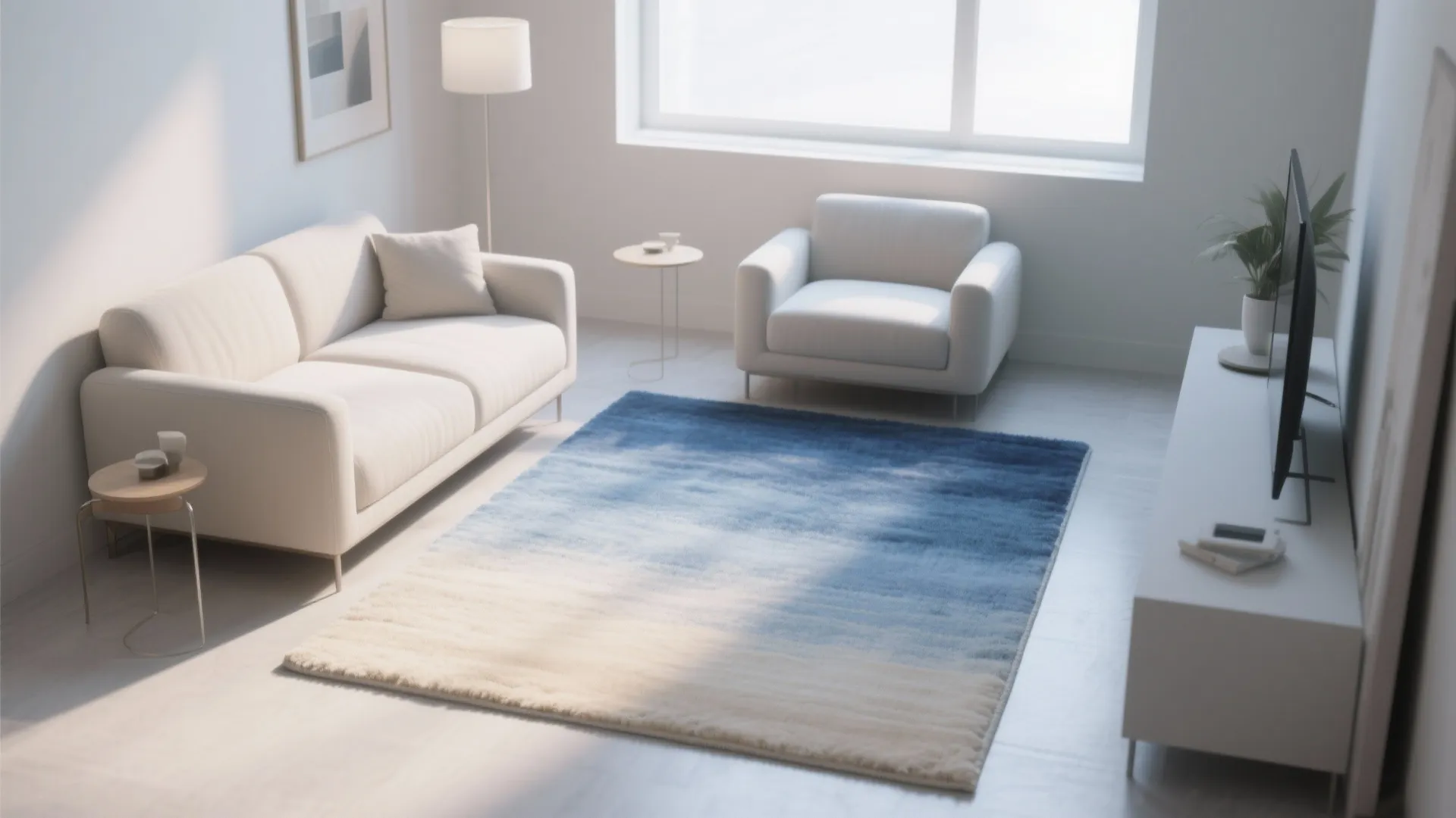 Blue-to-cream ombre rug guiding the eye toward a window in a compact living room