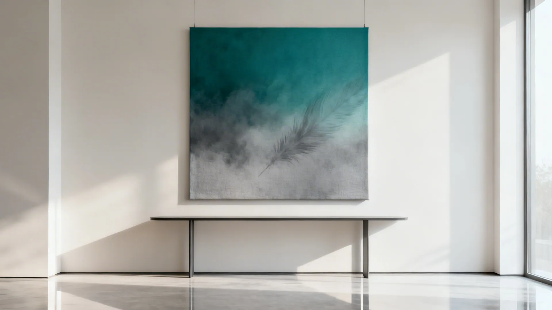 Ombre gradient canvas from deep teal to gray adding airy depth above a console.