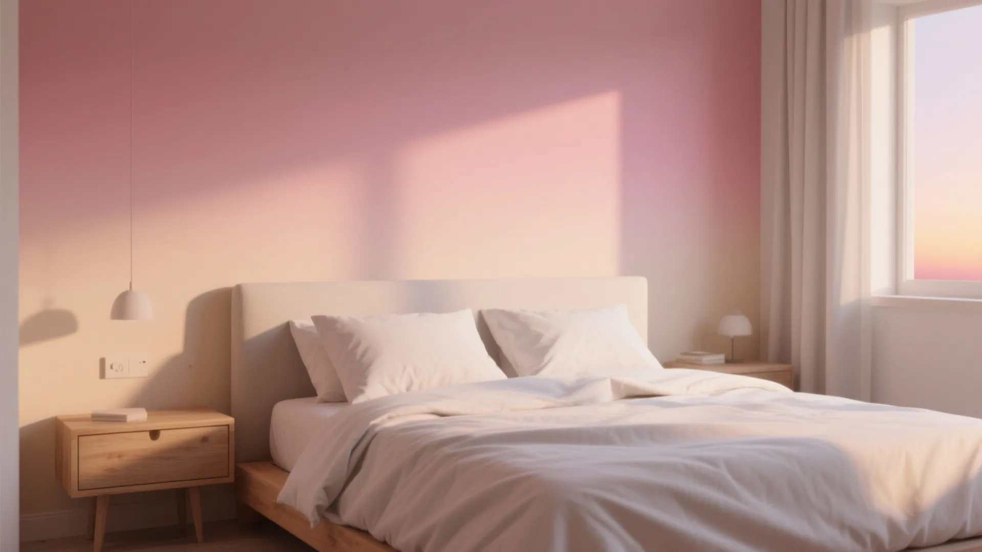 Modern bedroom featuring a pink gradient wall with white bed and wooden nightstand under sunlight
