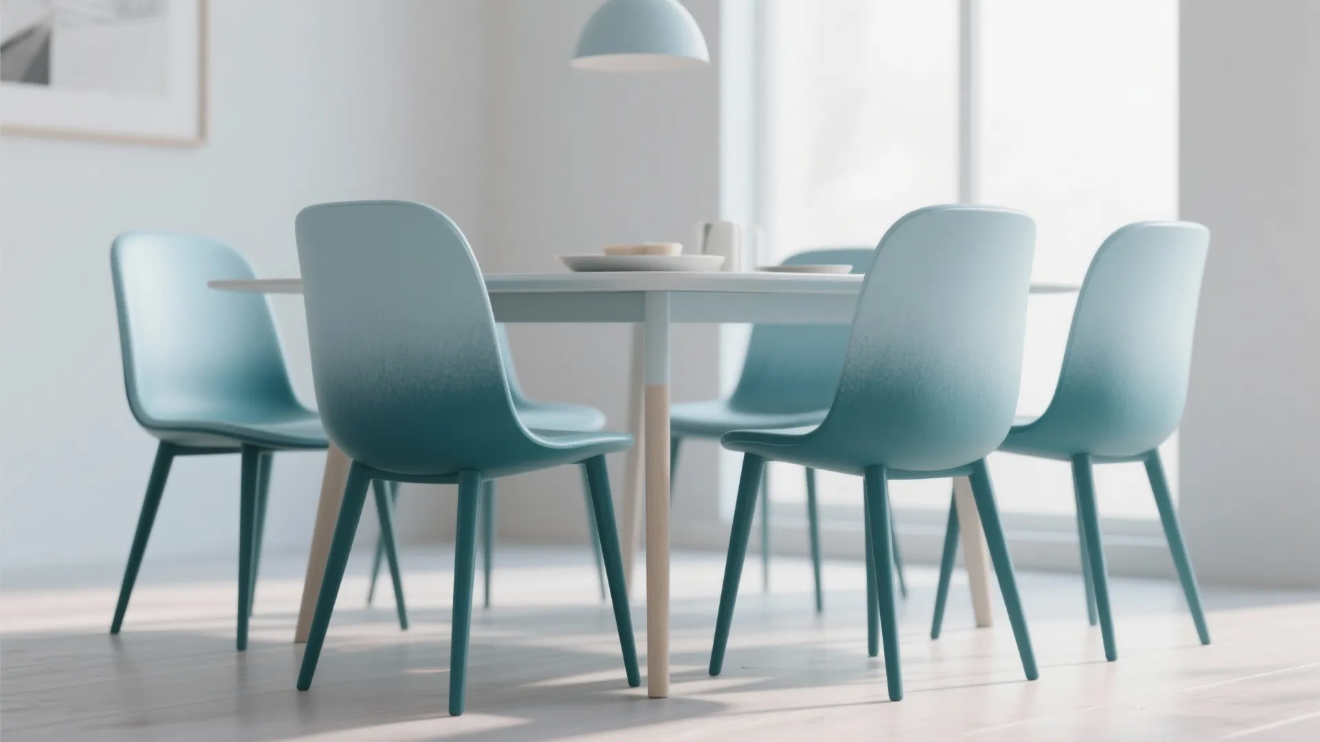 Dining chairs with an ombre gradient from light blue to dark teal
