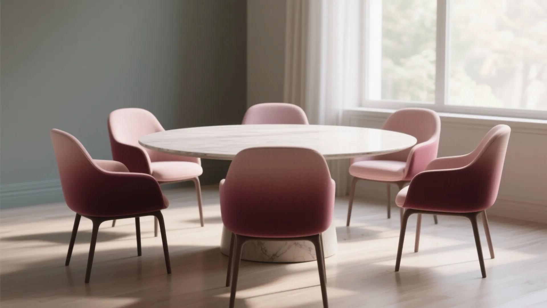 Set of five dining chairs arranged in an ombre gradient from blush to burgundy around a small round table.