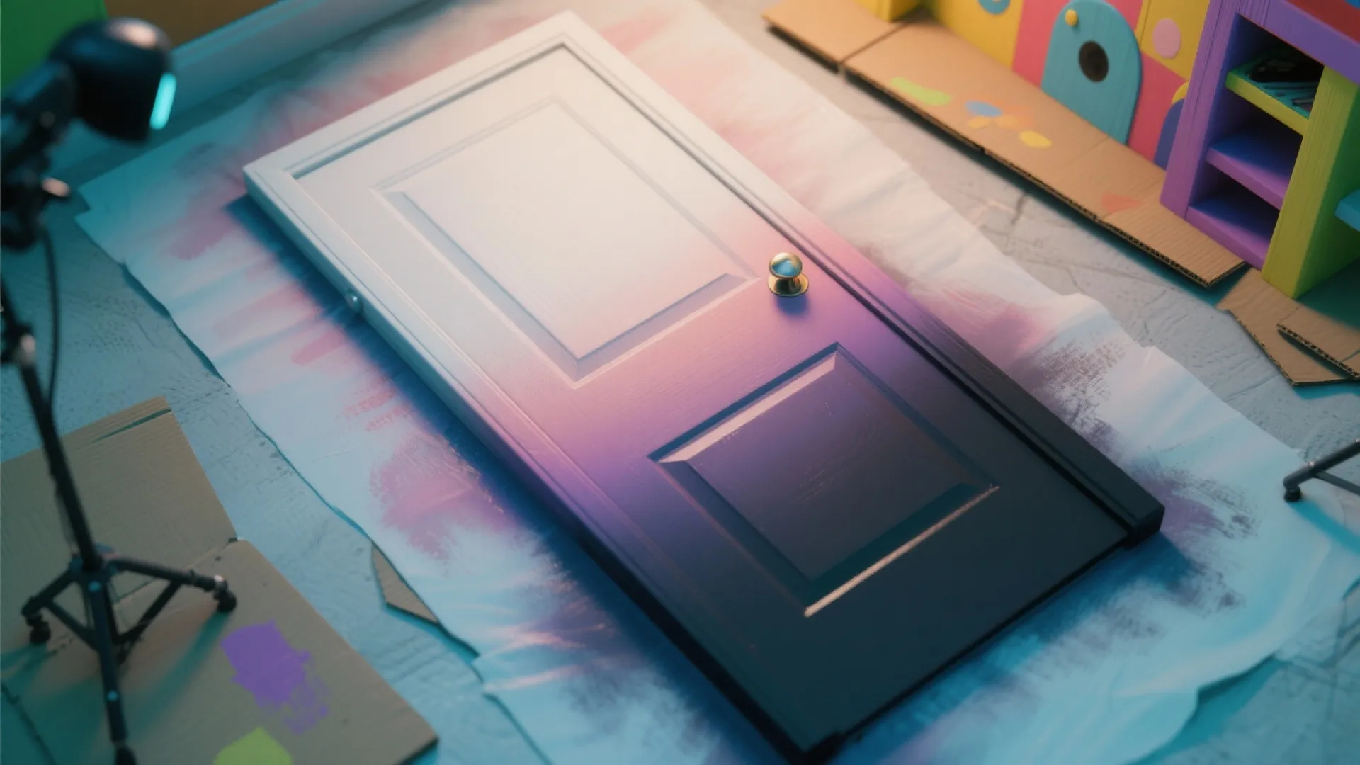 Door lying on the floor with purple and pink spray paint colors for a home project