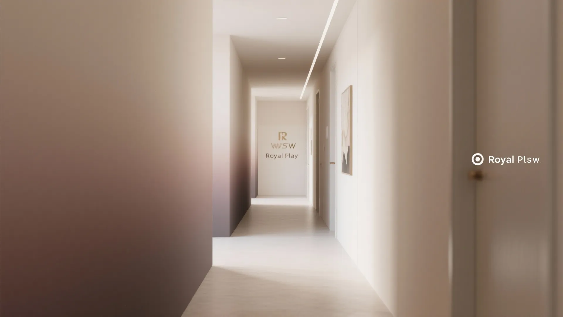 Modern minimalist hallway with brown gradient wall white ceiling lights light wood floor and logo