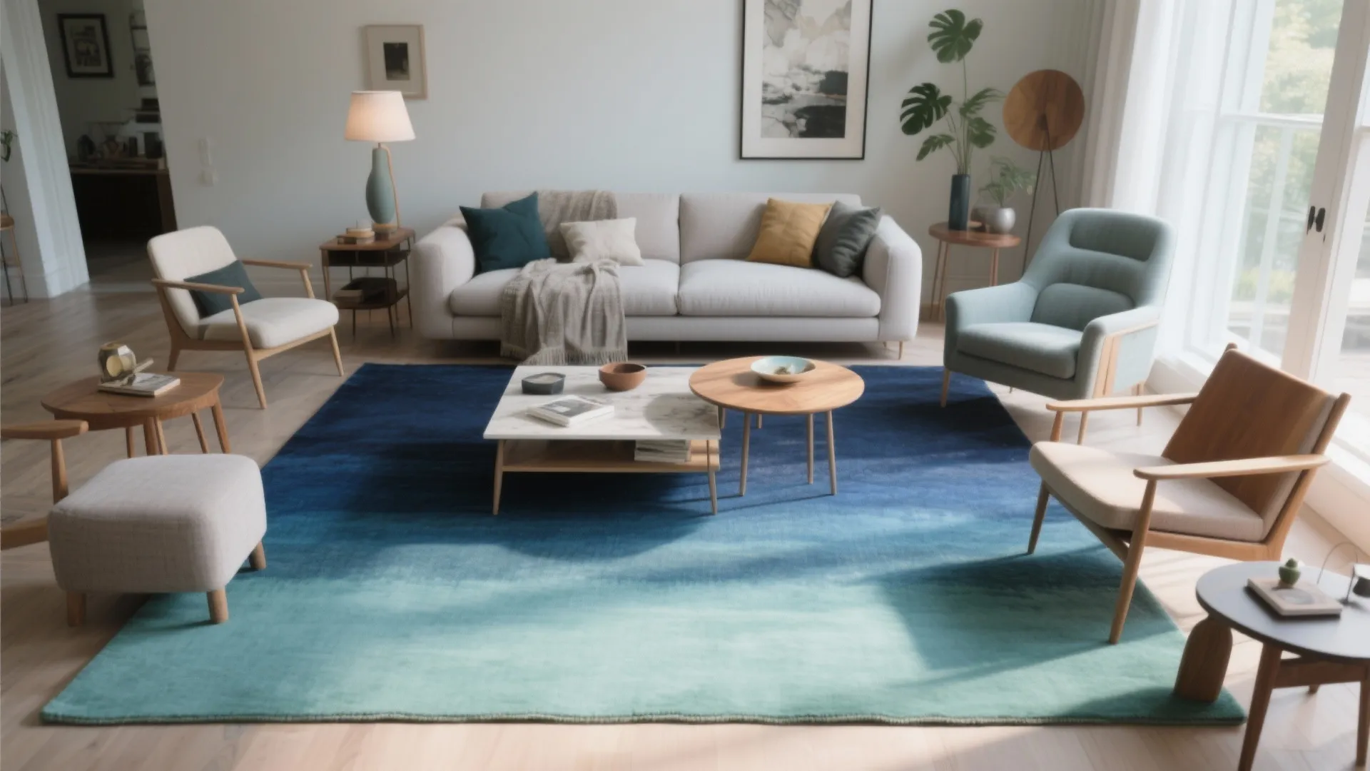 Living room with blue gradient rug, white sofa, grey armchairs, wooden tables and floor lamp