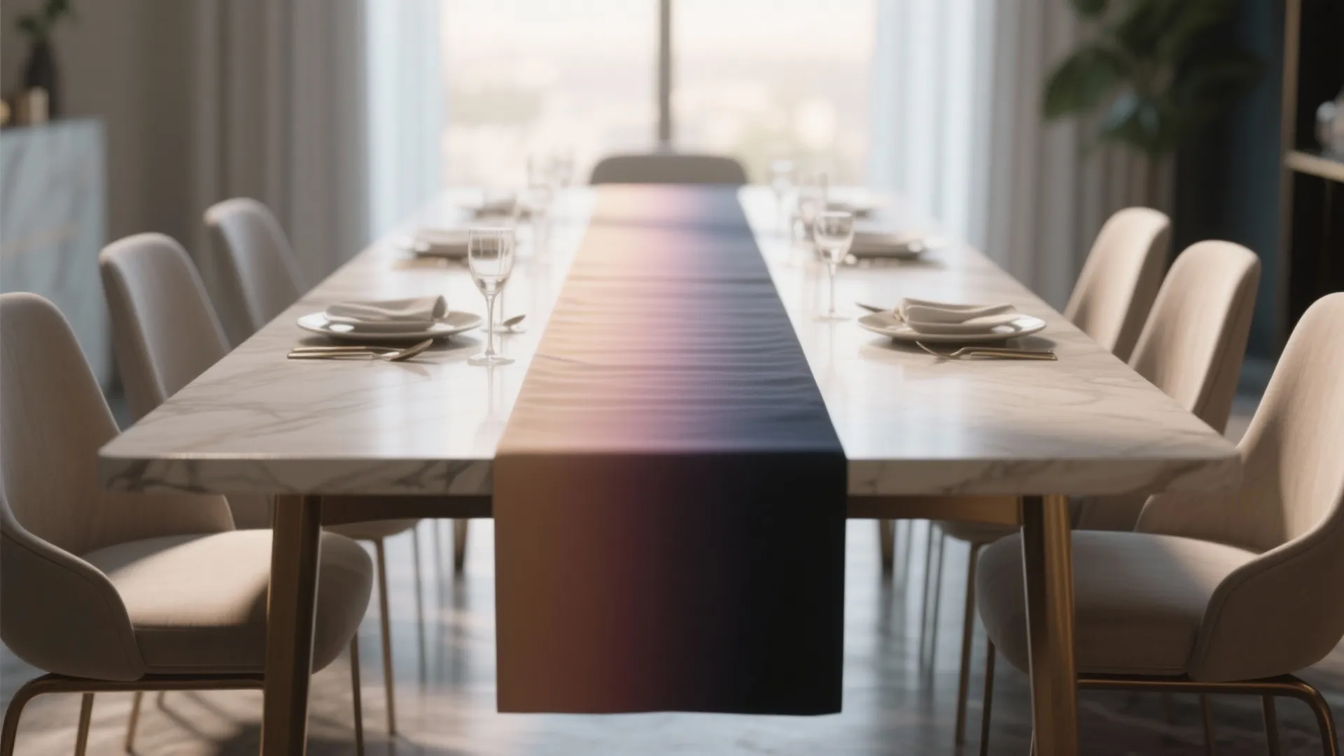Long marble dining table featuring a purple and orange gradient runner with plates and chairs