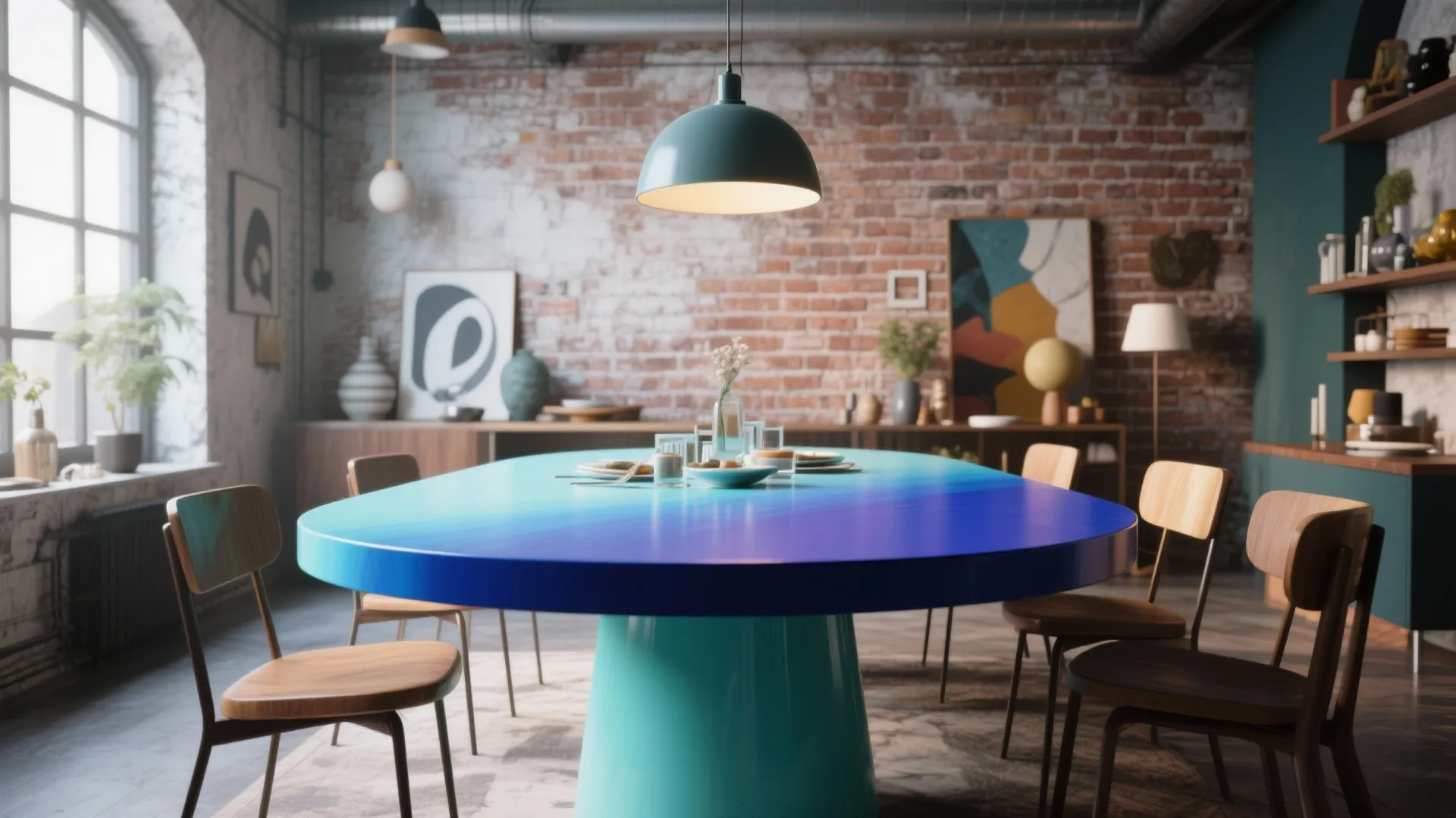 Dining table painted with a blue to teal ombre gradient