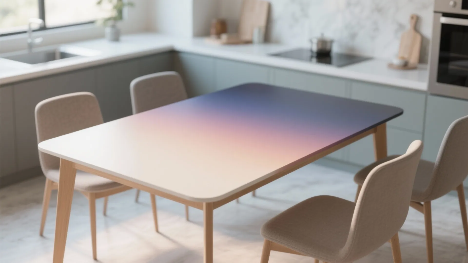 Modern dining table with purple gradient top and four beige chairs in a clean kitchen