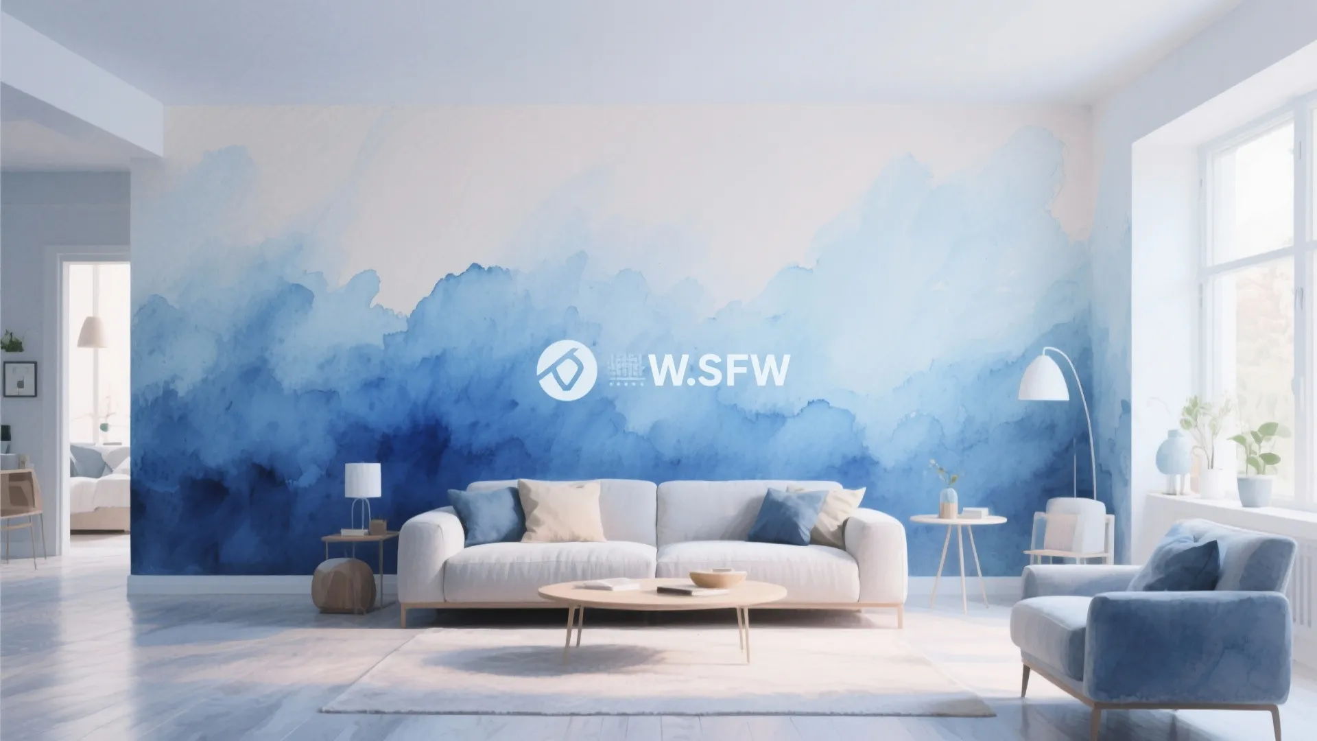 Modern living room featuring blue watercolor wall paint white sofa wooden coffee table and lamp