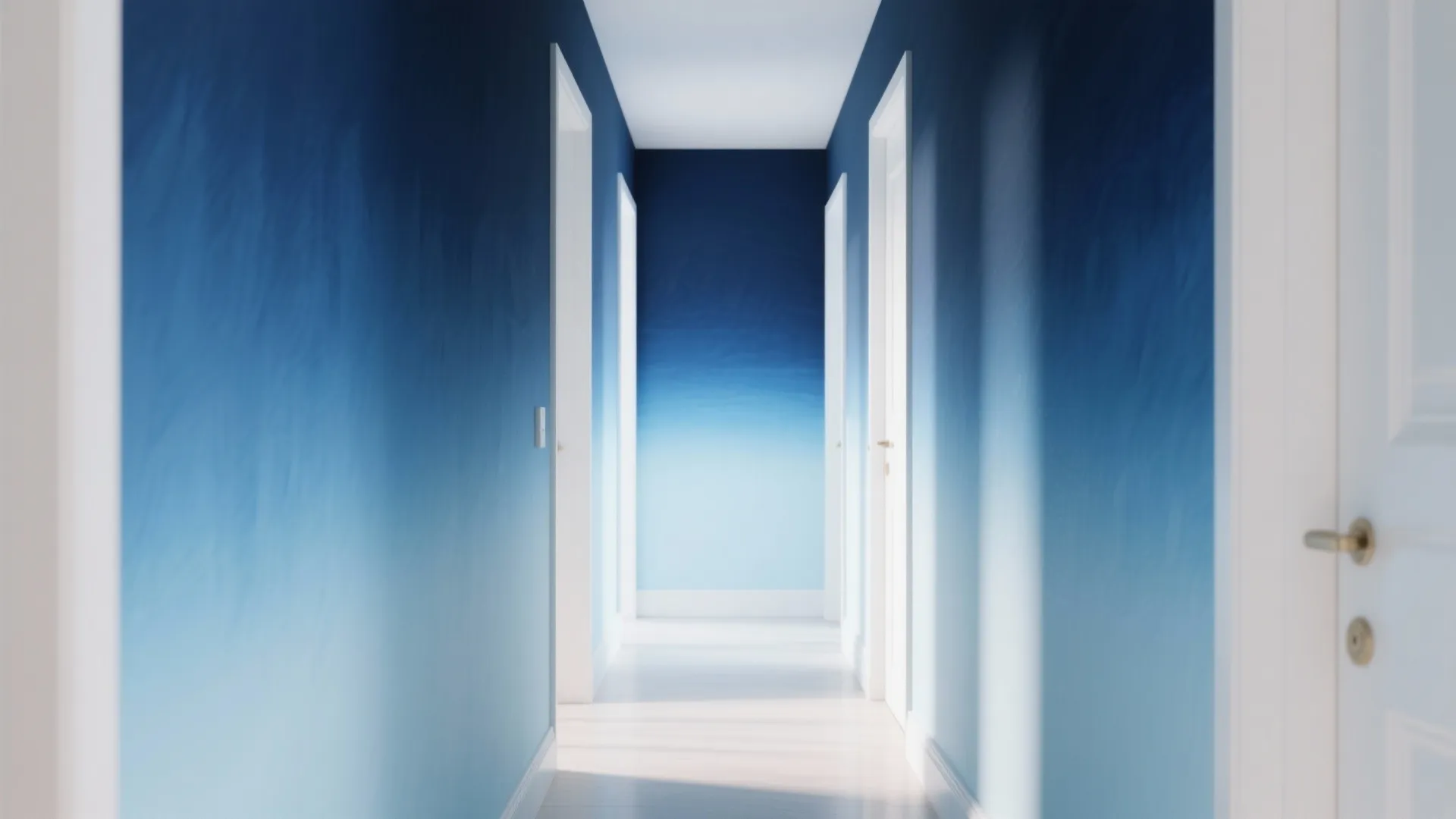 Modern hallway with blue gradient walls white doors wooden floor and bright light from the ceiling