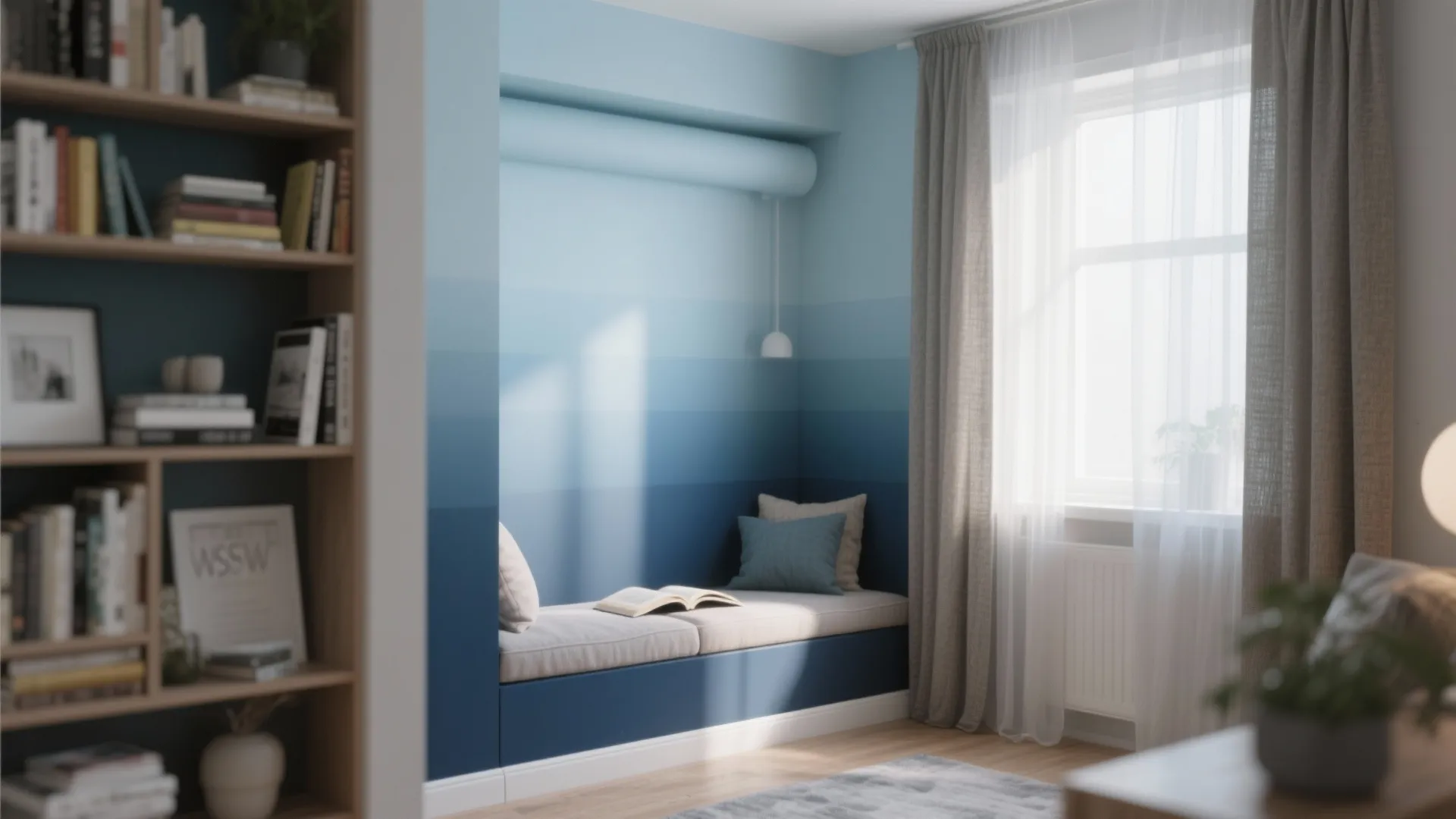 Reading corner with blue gradient wall paint design and cozy built in seating near window